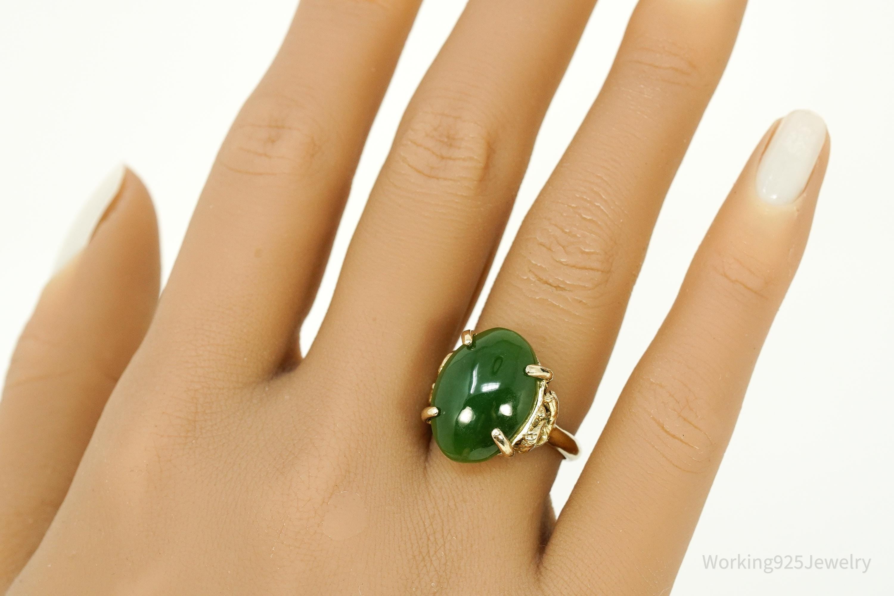 Vintage Green Jade Gold Over Sterling Silver Ring Size 6.75
