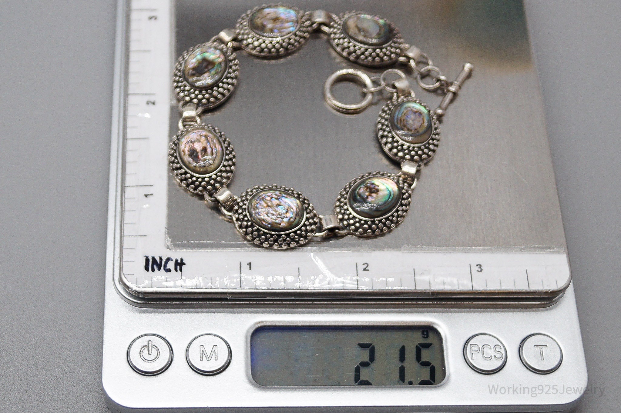 Vintage Paua Abalone Shell Inlay Sterling Silver Bracelet 8.25"