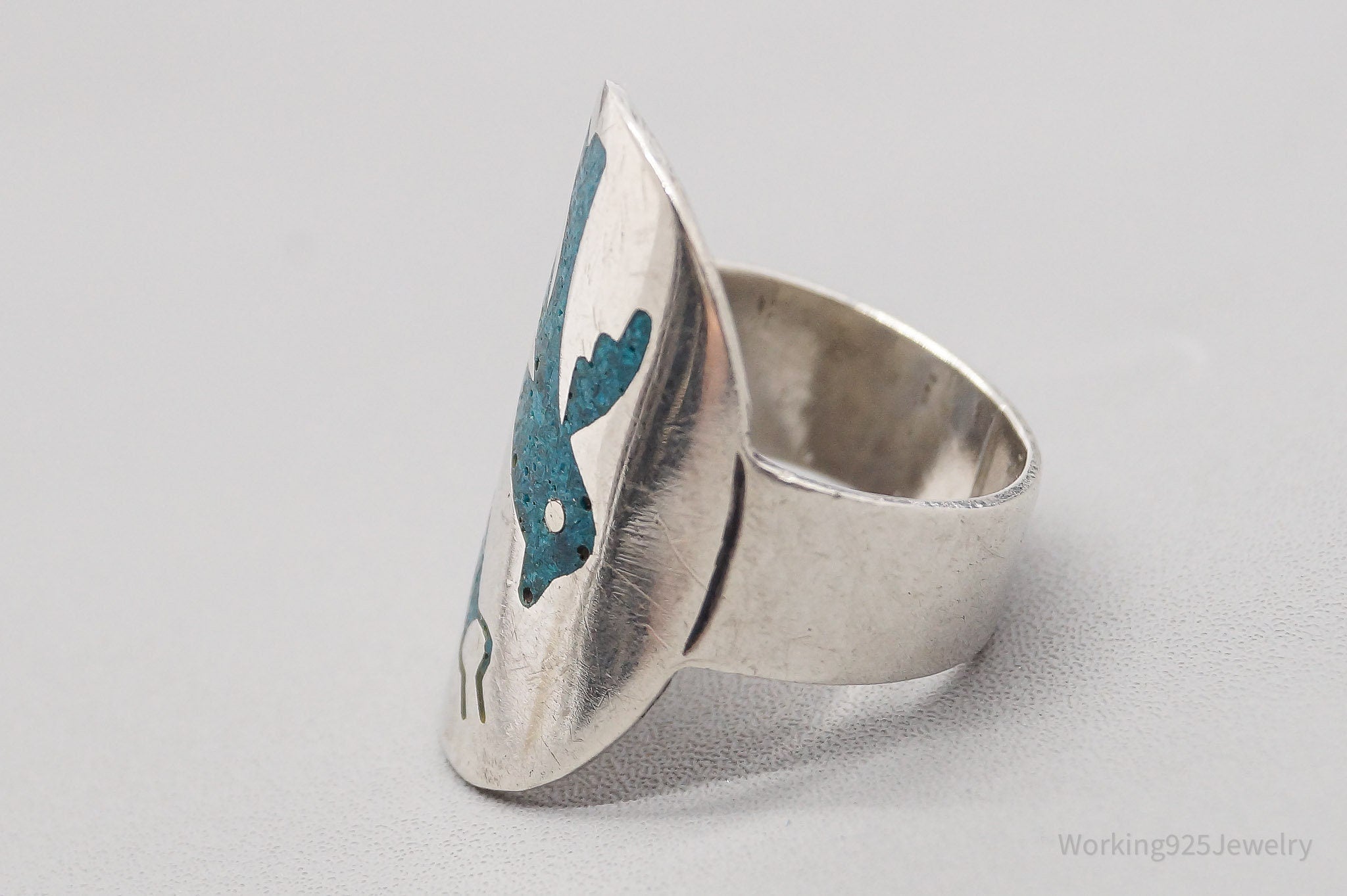 Vintage Mexico Turquoise Inlay Bird Sterling Silver Ring - Size 6