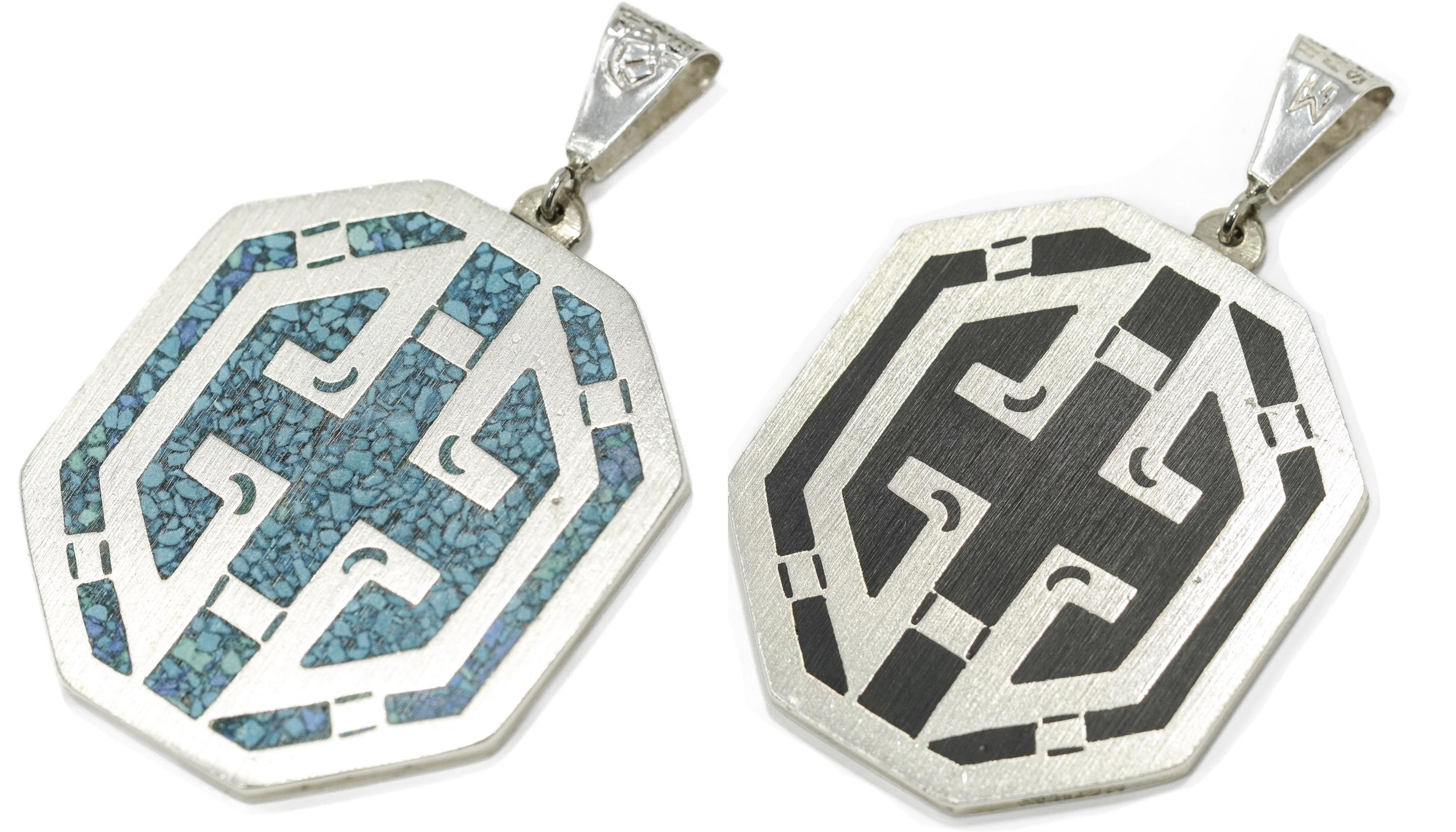 Vintage Large Mexico Inlay Reversible Sterling Silver Necklace Pendant