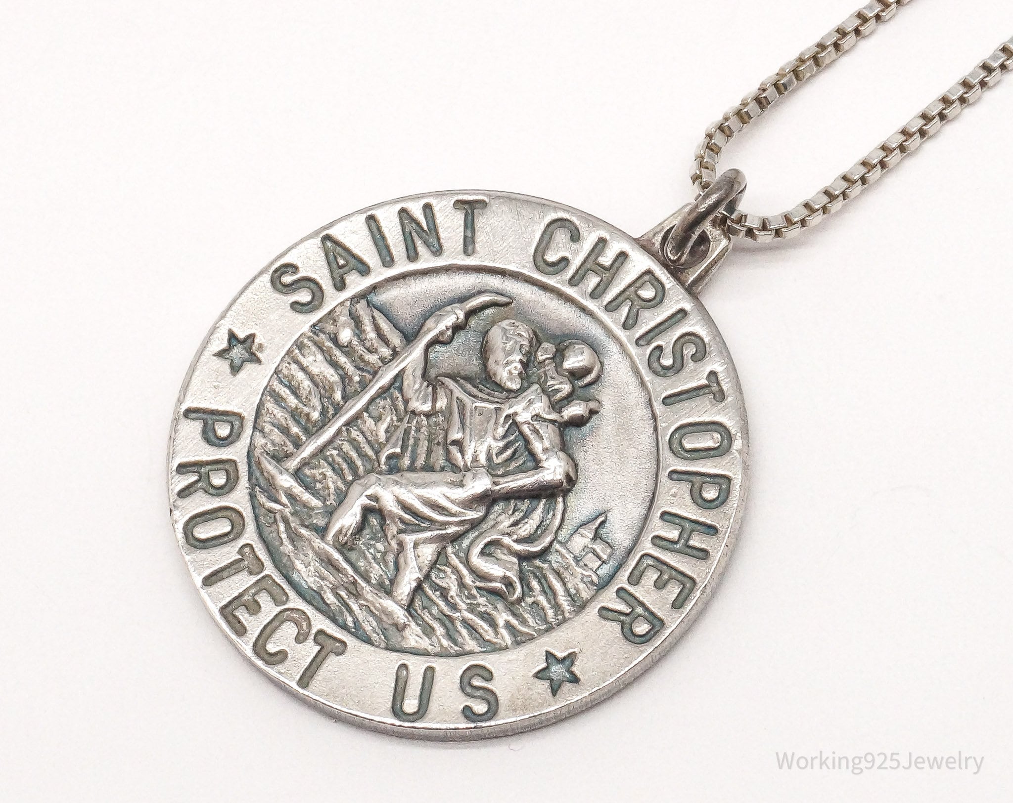 Vintage Large Saint Christopher Protect Us Sterling Silver Necklace 18"