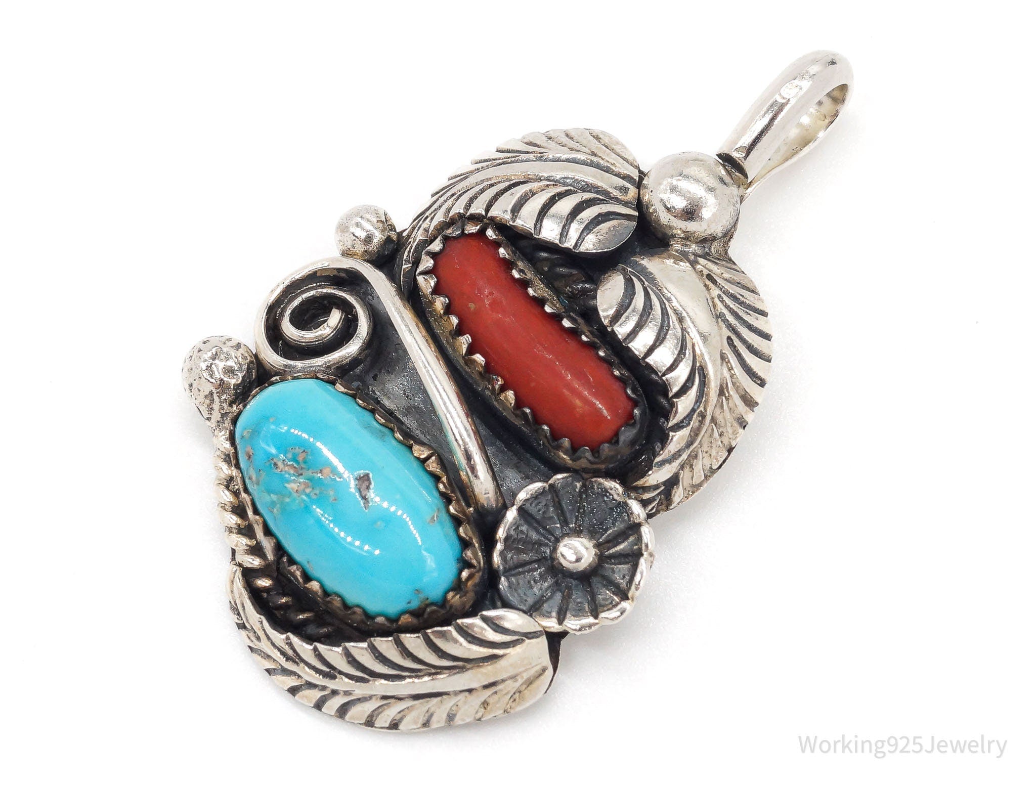 Vintage Native American Ashley Turquoise Coral Silver Pendant