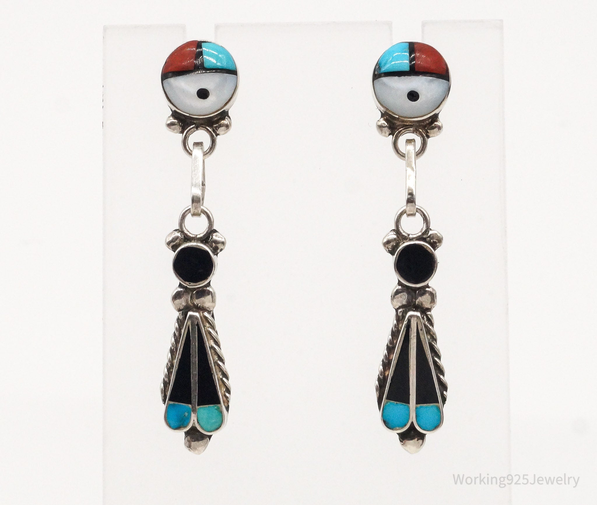 Vintage Native American Zuni Multi Gemstone Silver Earrings