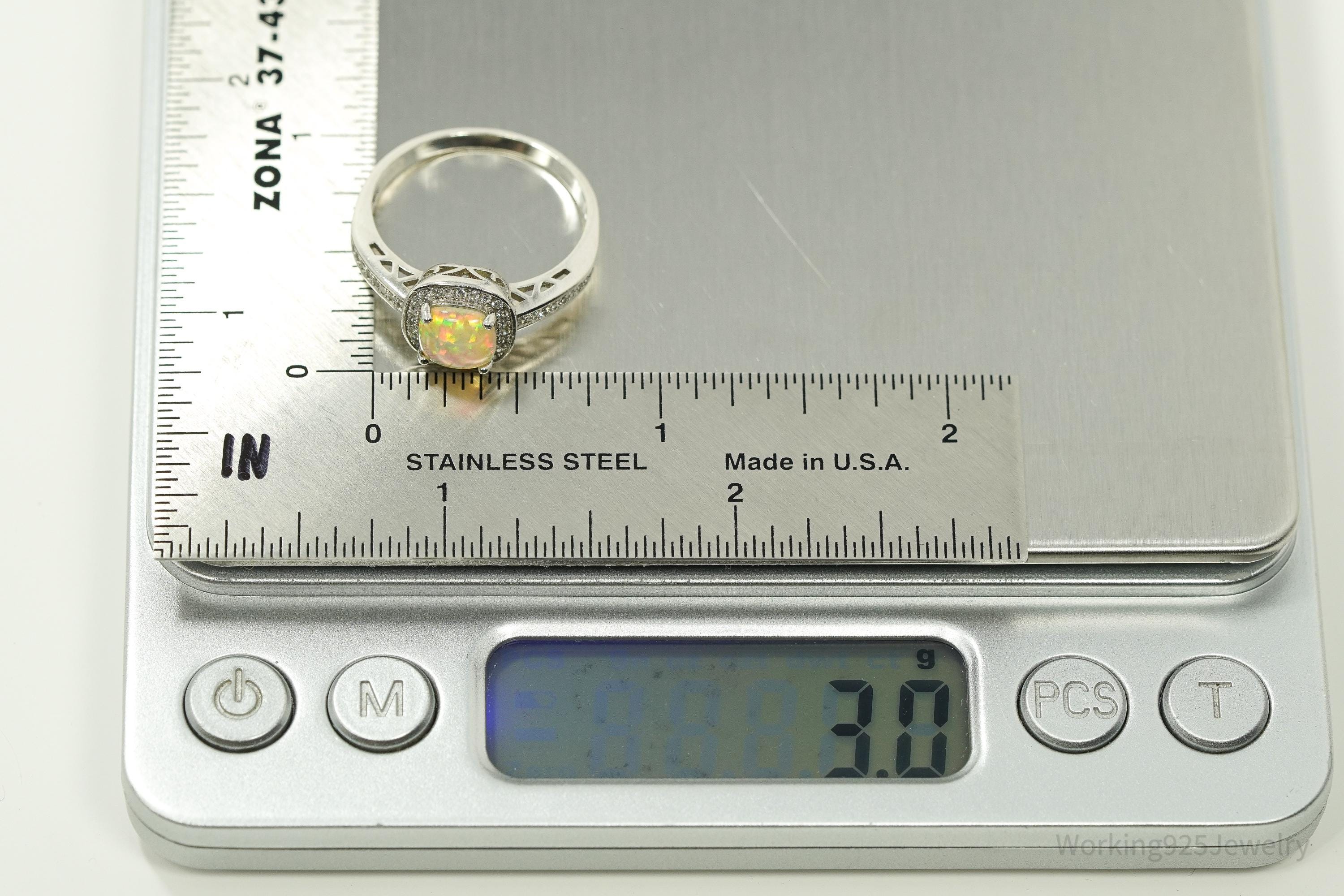 Vintage Opal & Cubic Zirconia Silver Ring - Size 9.25