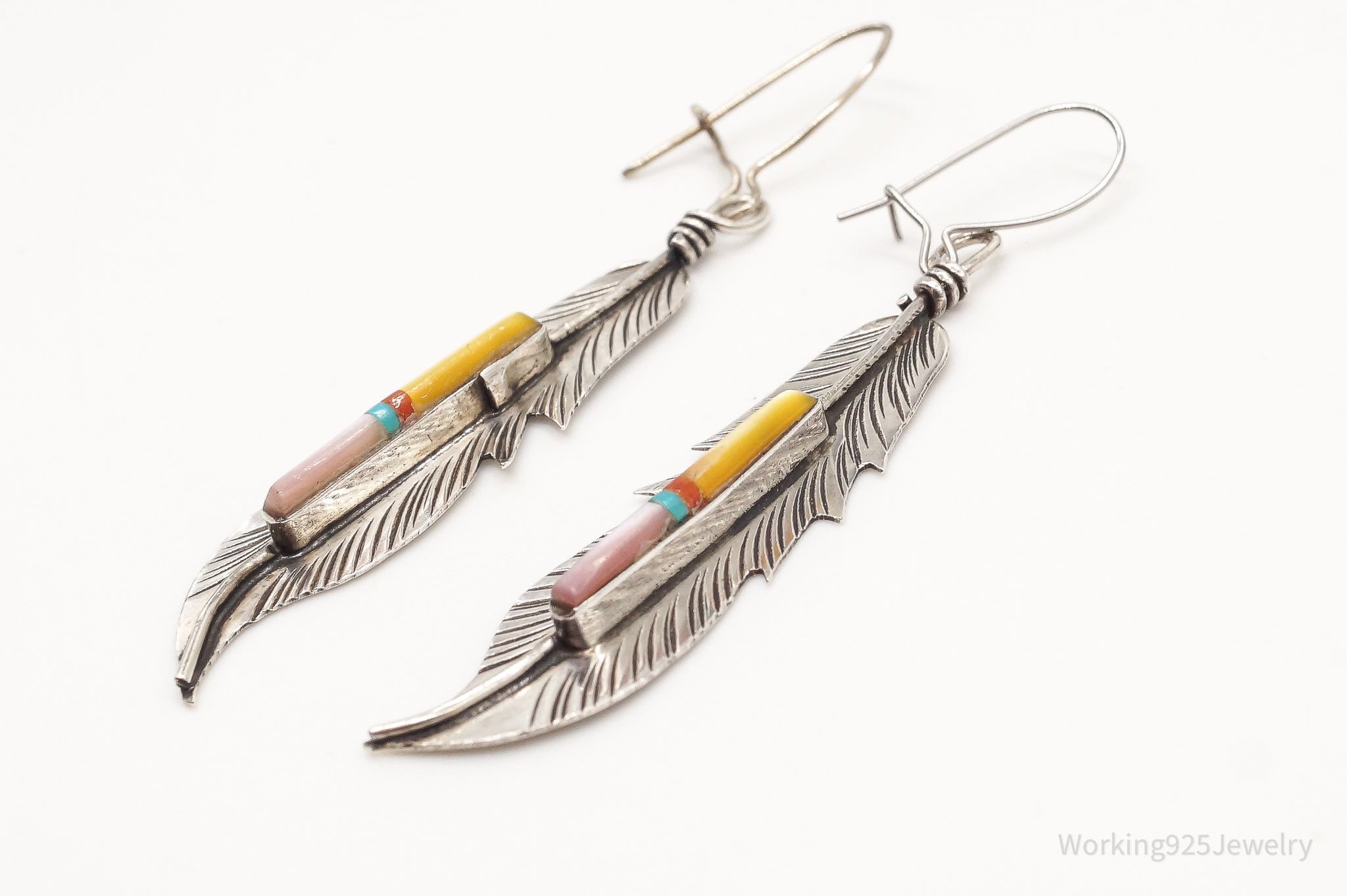 Vintage Native American Multi Gemstone Silver Feather Earrings