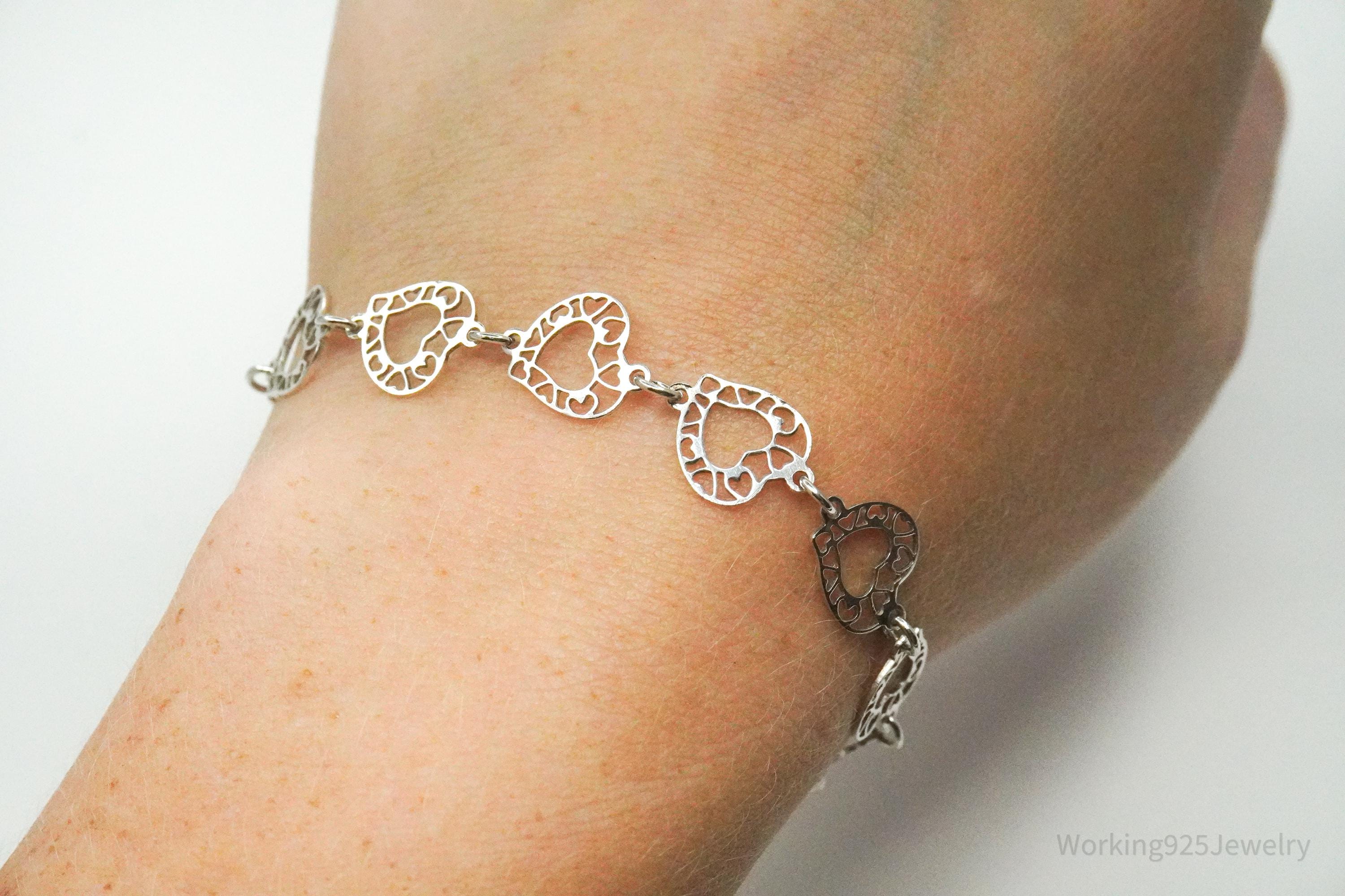 Vintage Linked Hearts Sterling Silver Bracelet 7.25"