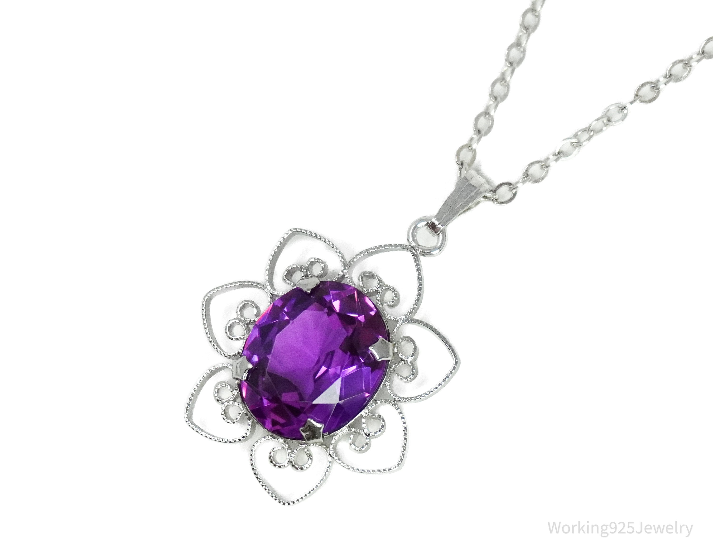 Vintage Color Change Stone Heart Flower Sterling Silver Necklace 18"