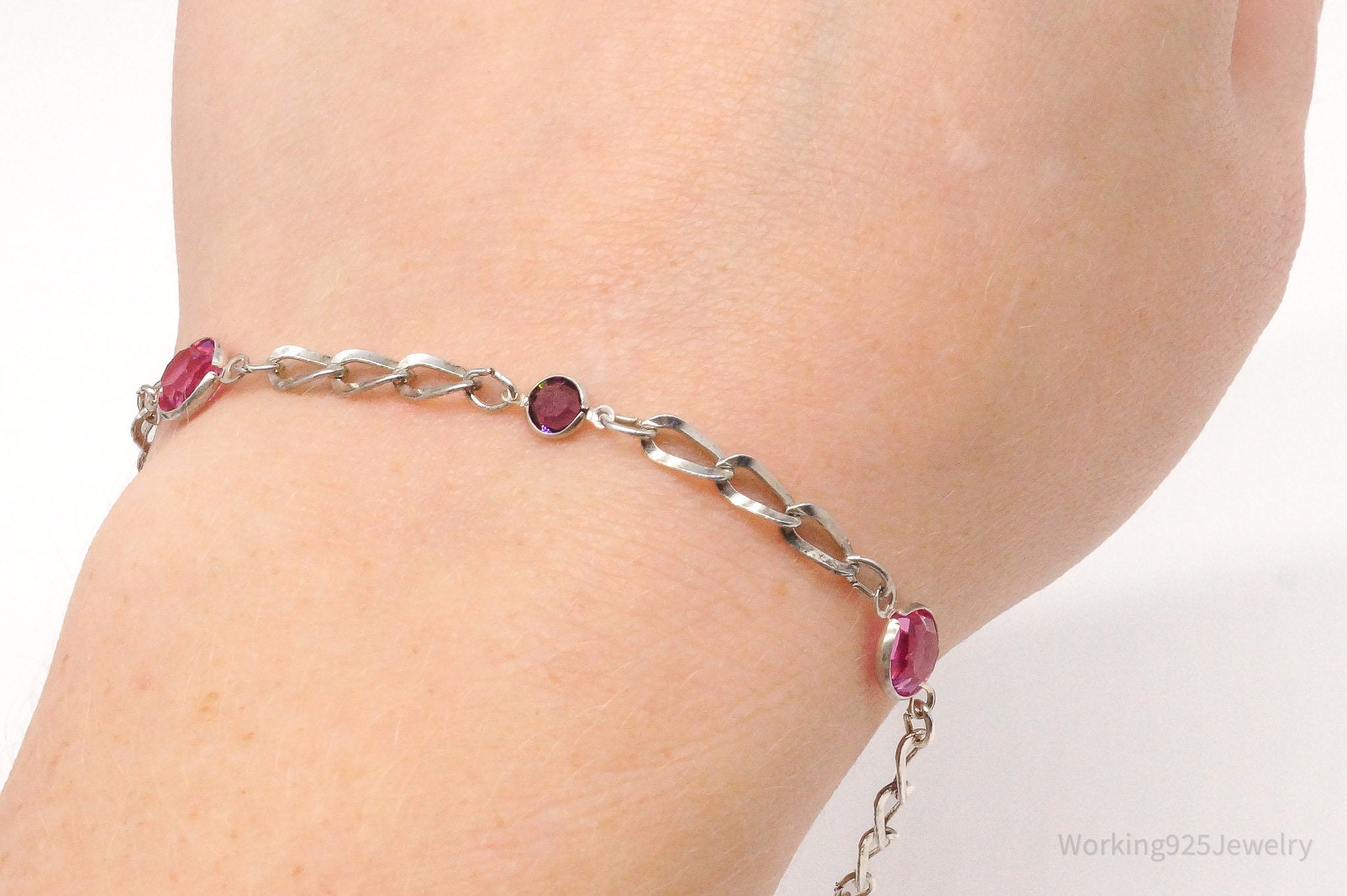 Vintage Avon Pink Crystal Chain Link Sterling Silver Bracelet