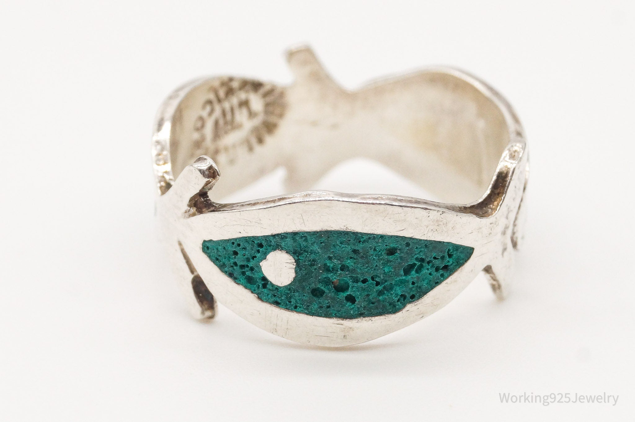 Vintage Mexico Handmade Turquoise Fish Sterling Silver Ring - Size 7.25