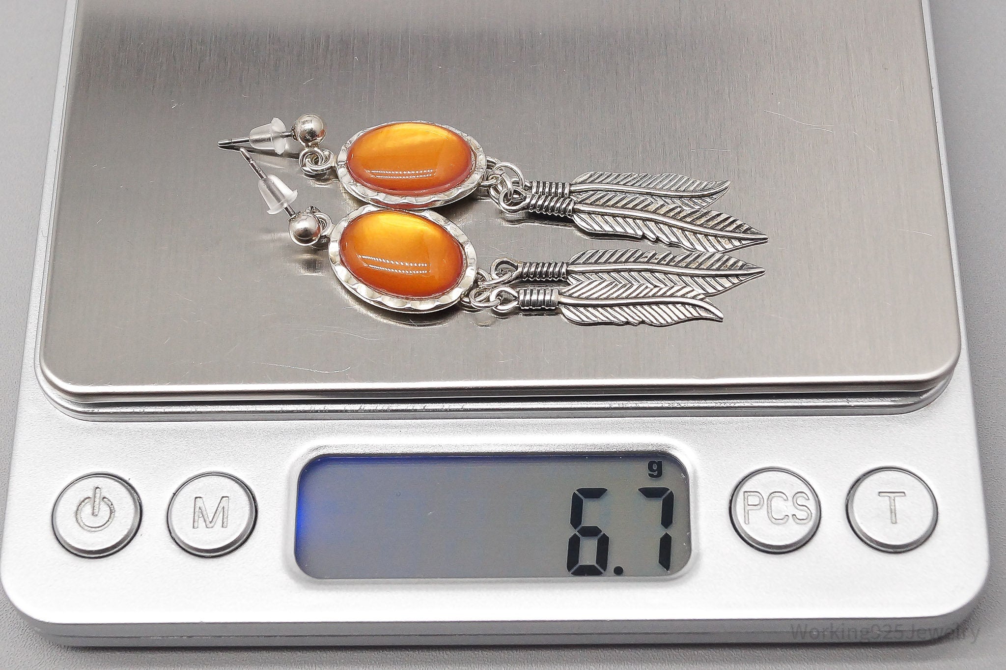 Vintage WMCO Orange Stone Feather Sterling Silver Earrings