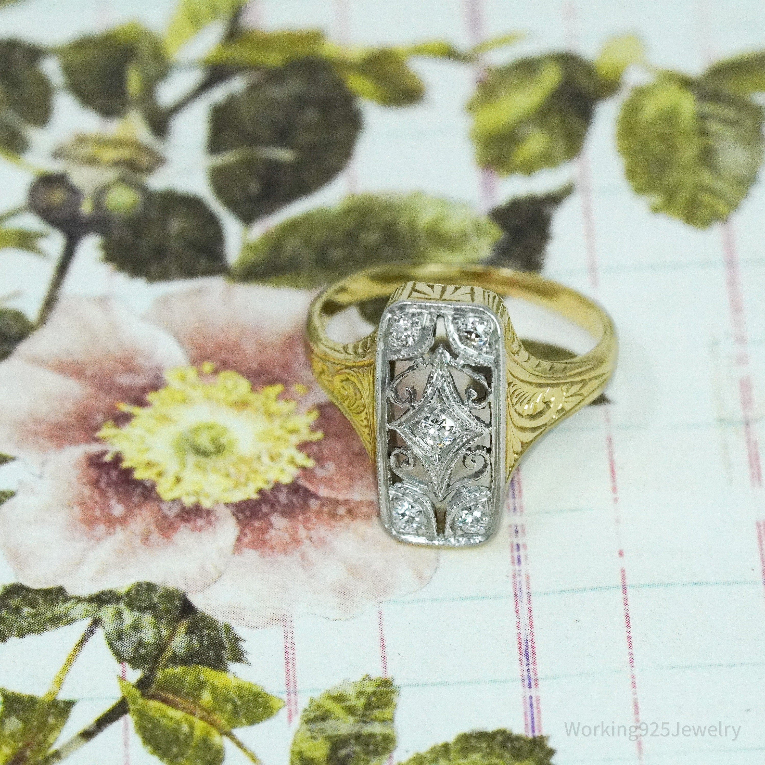 1920s 14k Yellow Gold & Platinum European Cut Diamond Ring - Size 5 1/4