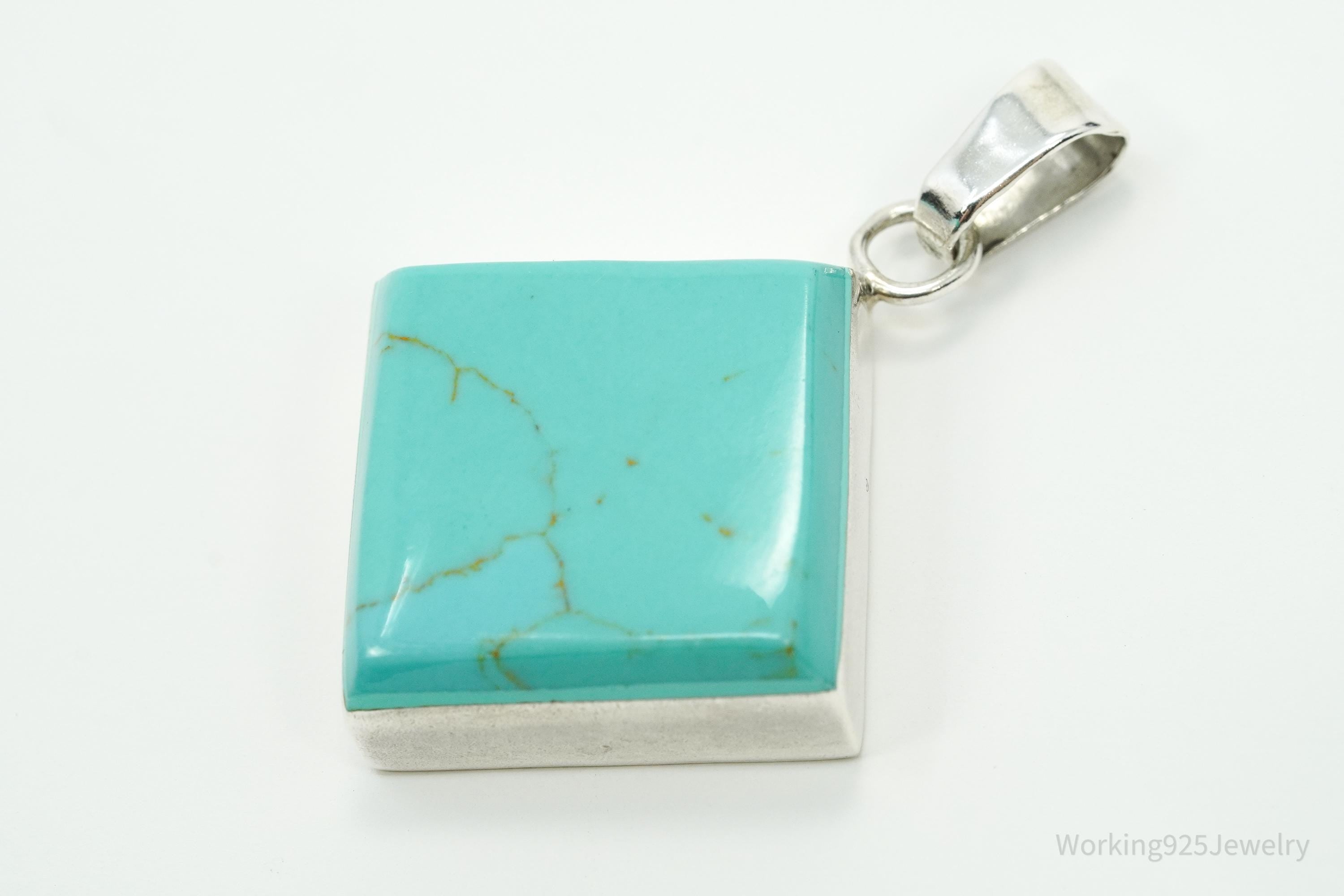 Vintage Turquoise Square Sterling Silver Necklace Pendant