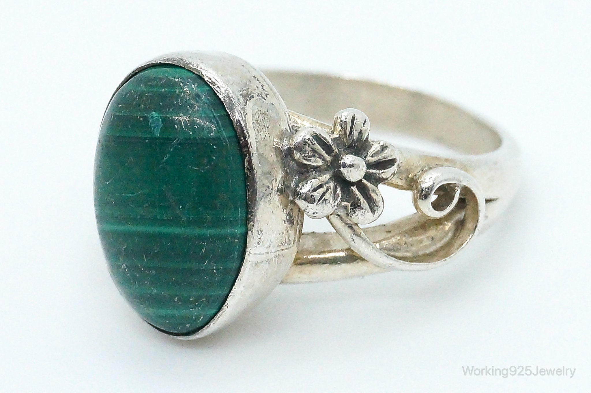 Vintage Anglo Carol Felley Malachite Sterling Silver Band Ring - Size 6