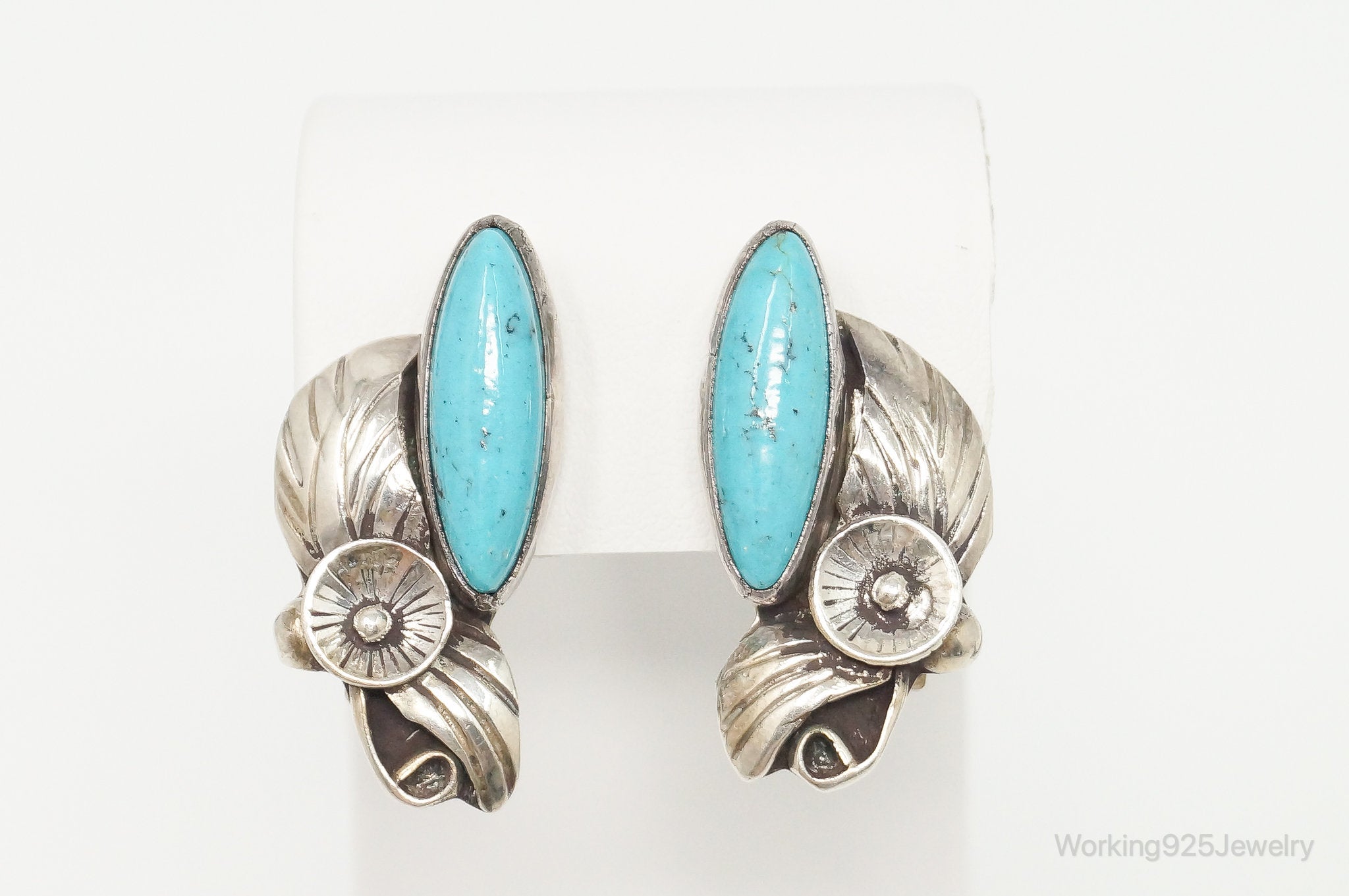 Vintage Native American Milton Lee Turquoise Sterling Silver Clip On Earrings