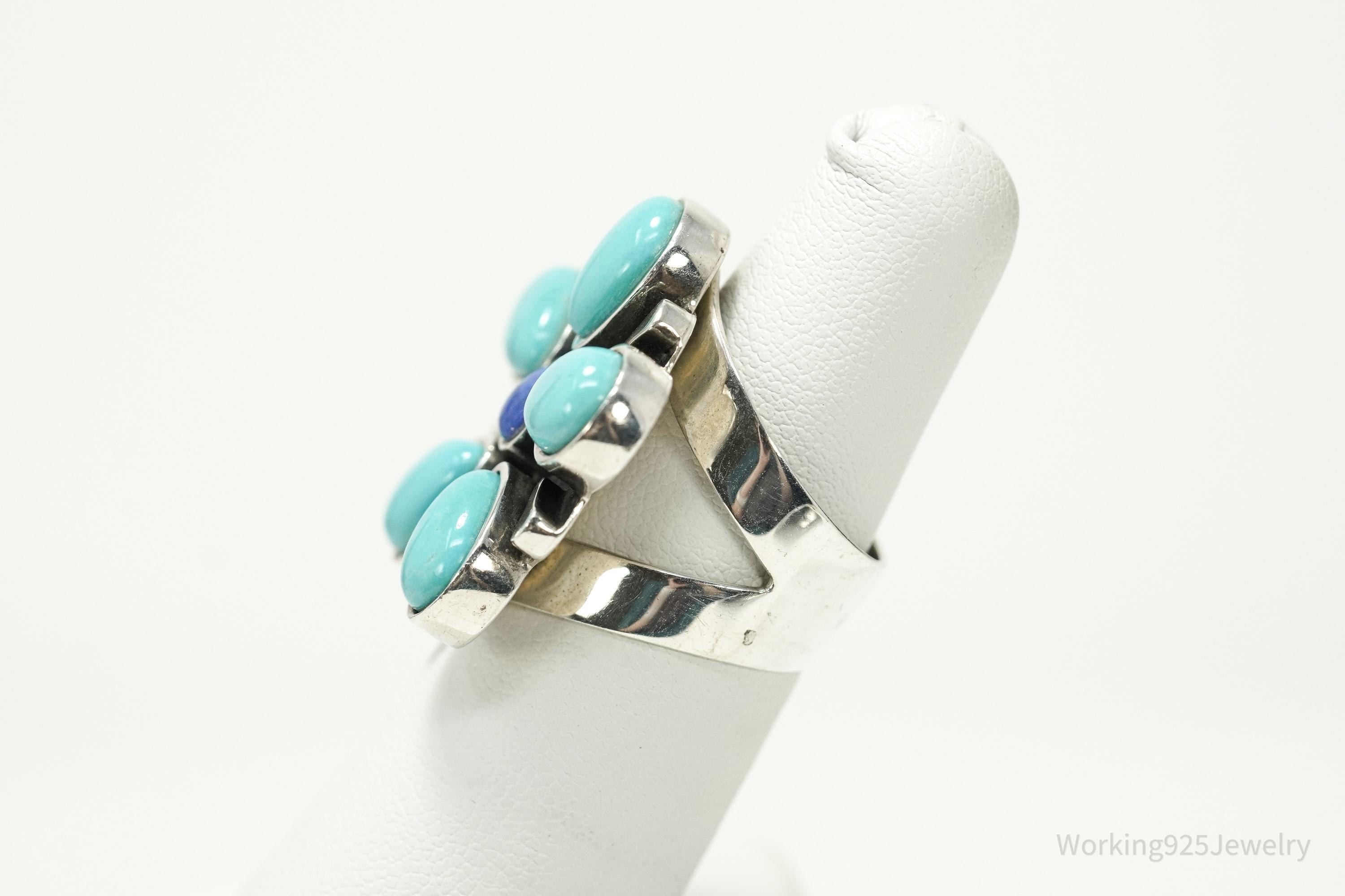 Vintage Desert Rose Turquoise & Lapis Lazuli Flower Sterling Silver Ring Size 6