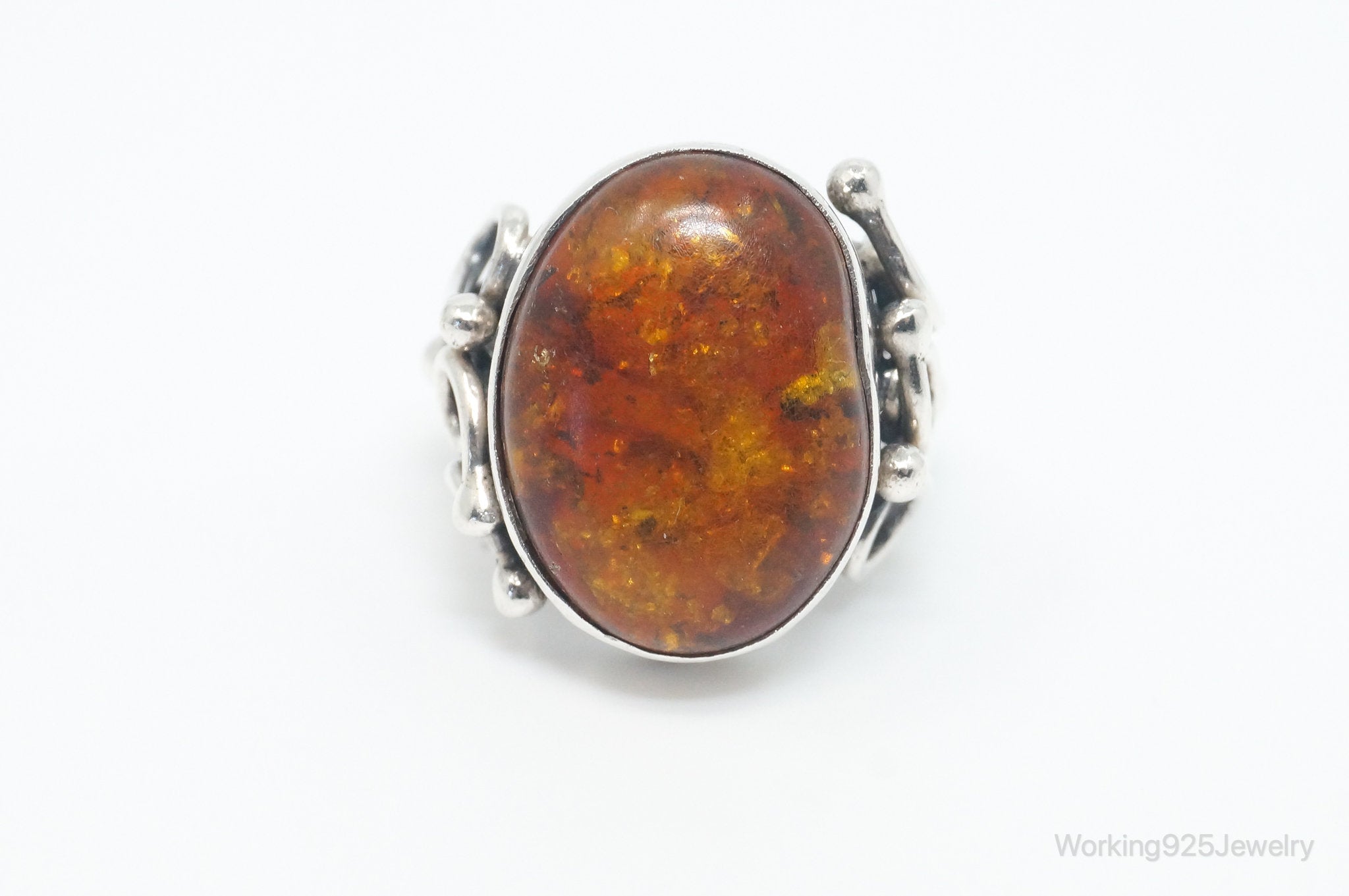 Vintage Large Baltic Amber Modern Sterling Silver Ring - Size 6.25