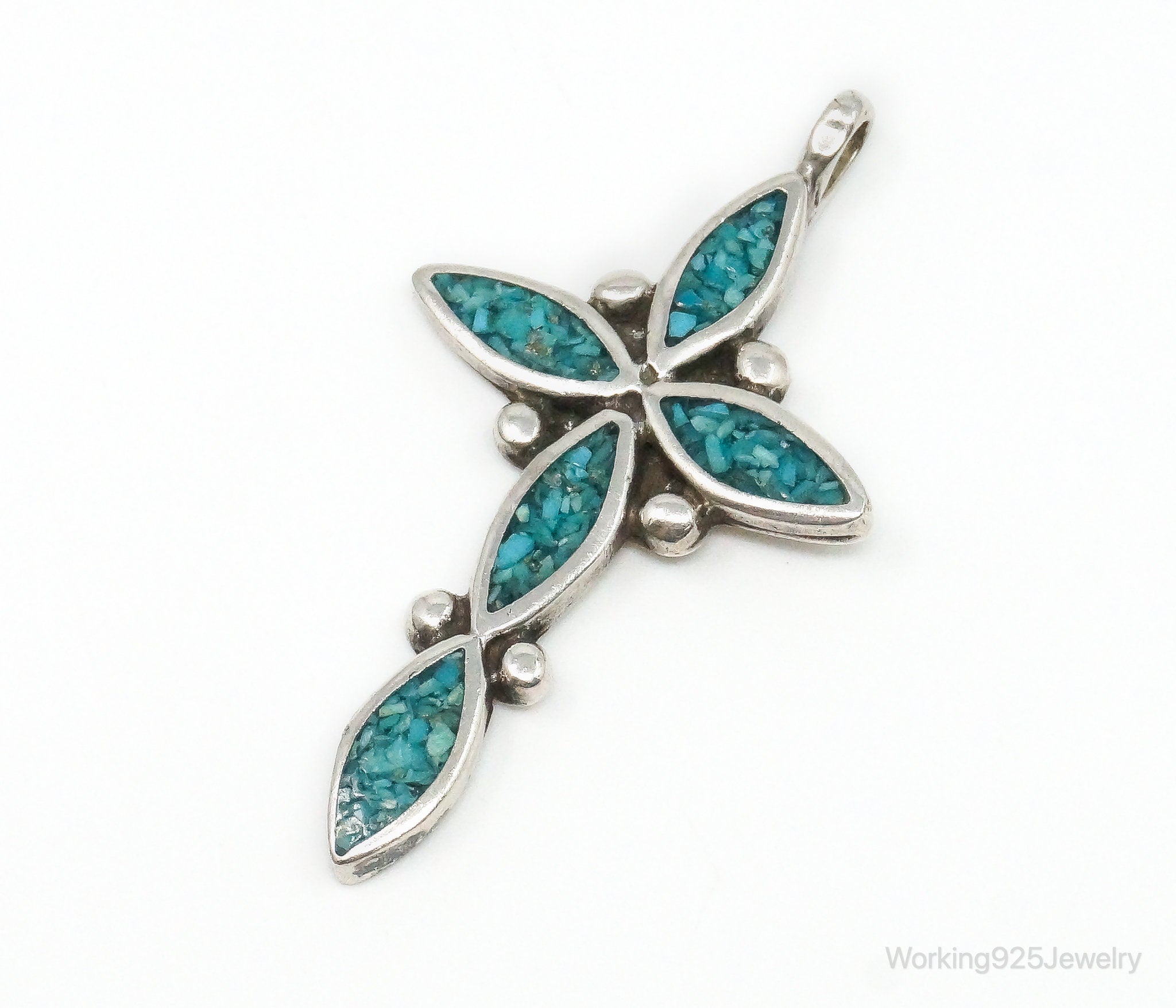 Vintage Native American Unsigned Turquoise Sterling Silver Cross Pendant