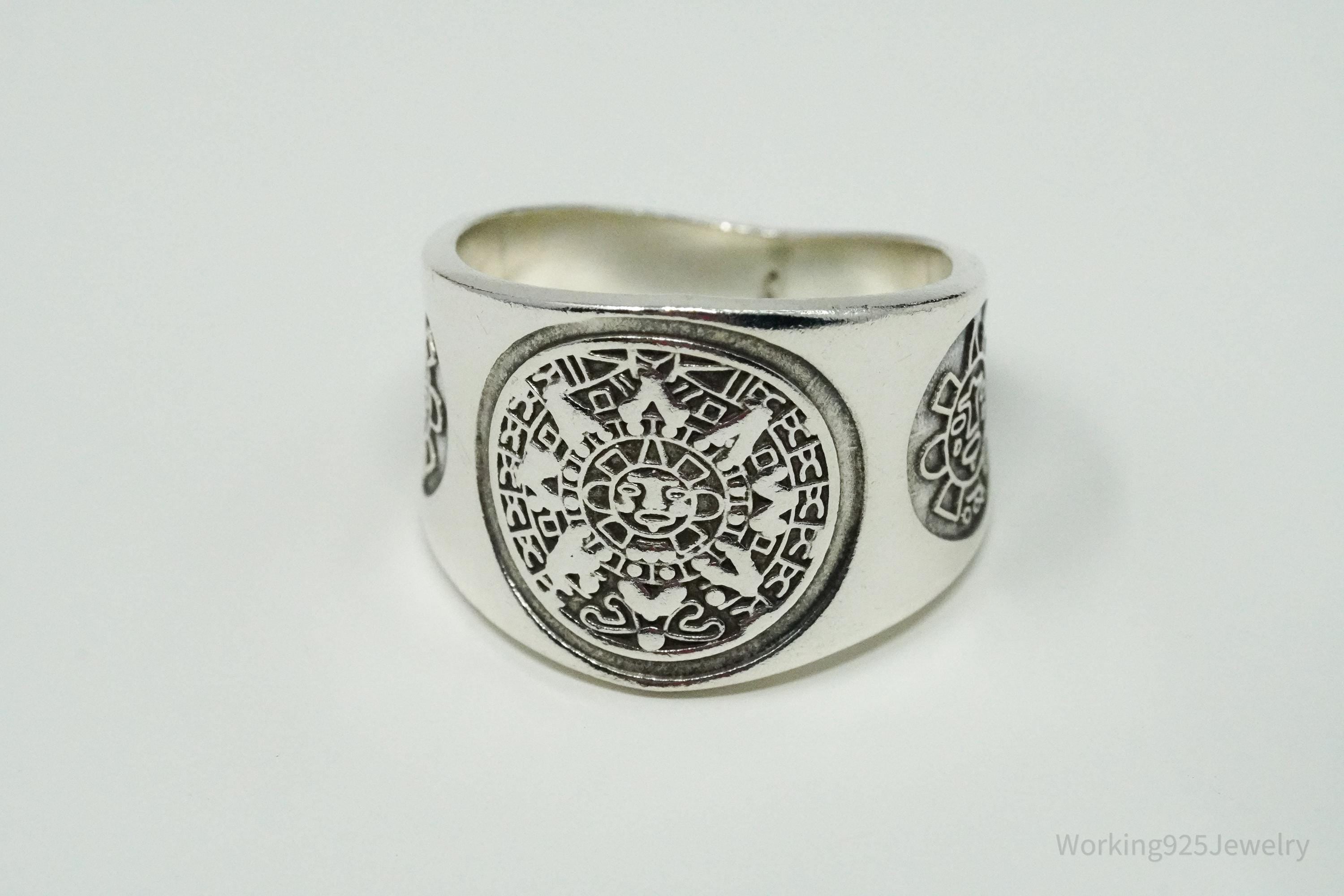 Vintage Aztec Mayan Sun Calendar Sterling Silver Ring Size 10