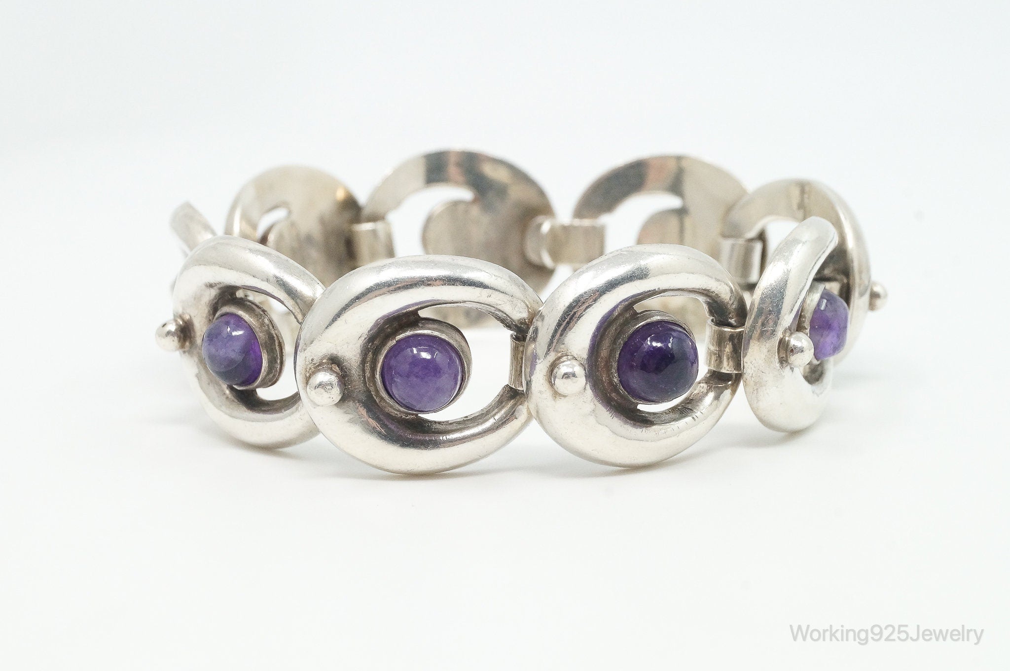 Vintage Mexico Amethyst Modernist Sterling Silver Bracelet