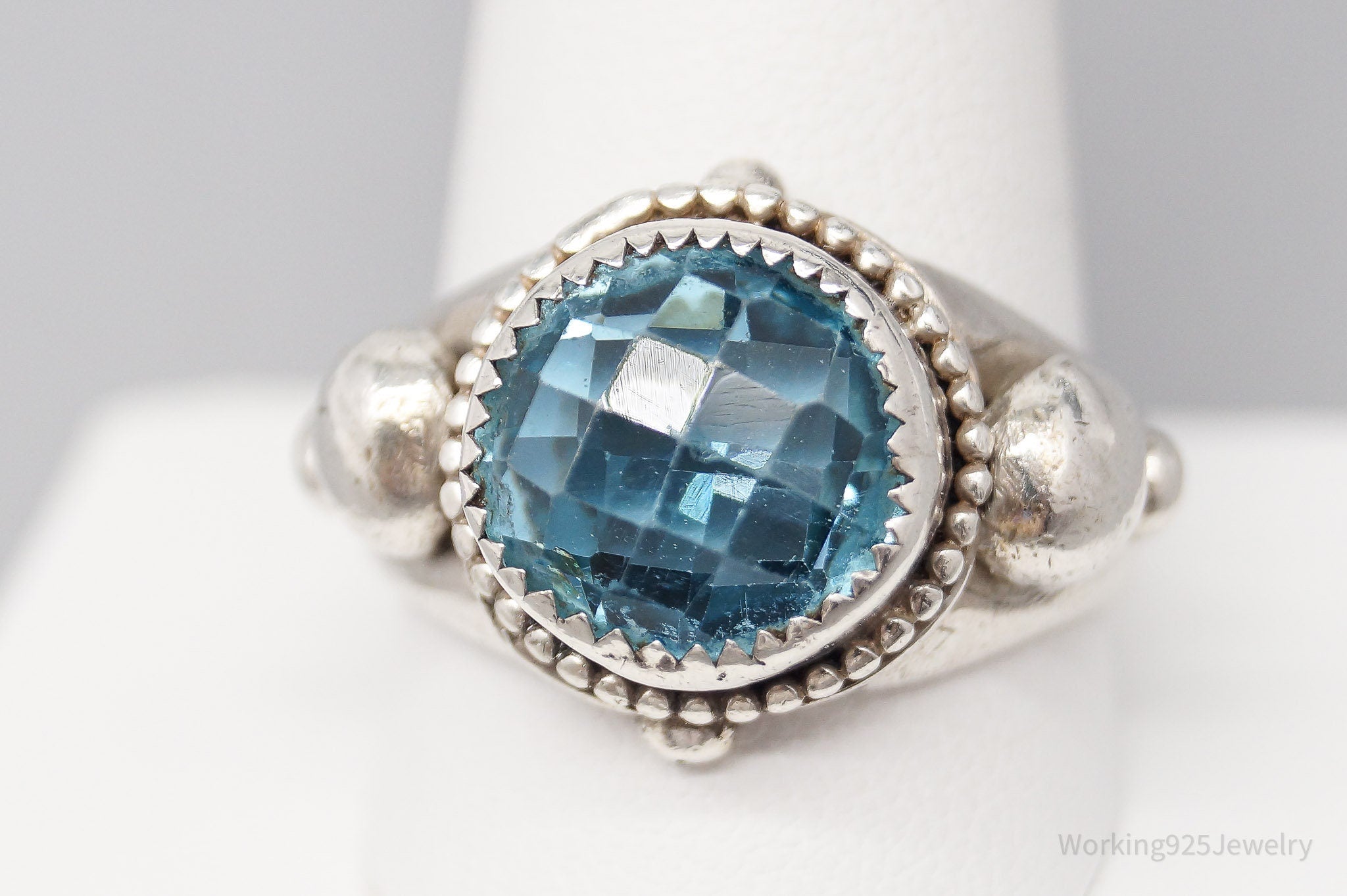 Vintage Modernist Style Blue Topaz Sterling Silver Ring - Size 11.75