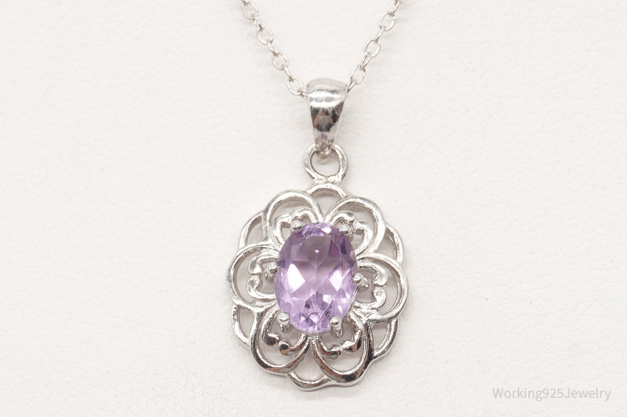 Vintage FAS Amethyst Flower Sterling Silver Chain Necklace