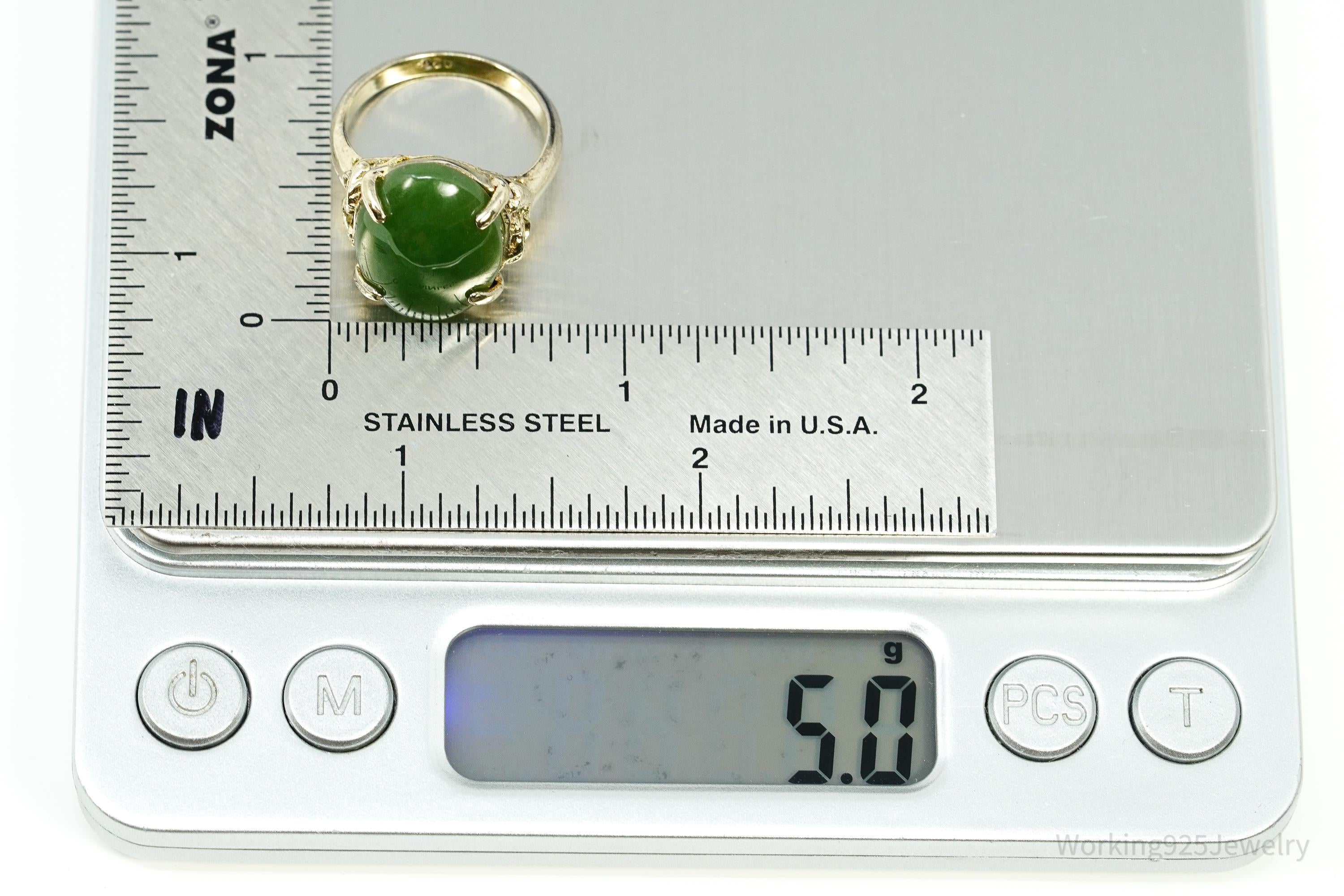 Vintage Green Jade Gold Over Sterling Silver Ring Size 6.75