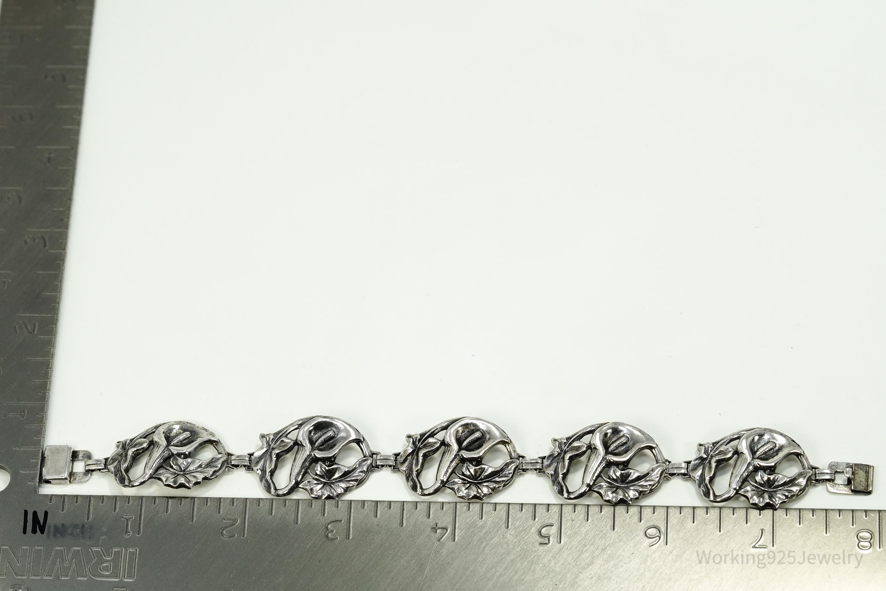 Antique Calla Lilly Floral Sterling Silver Bracelet 7 7/8"