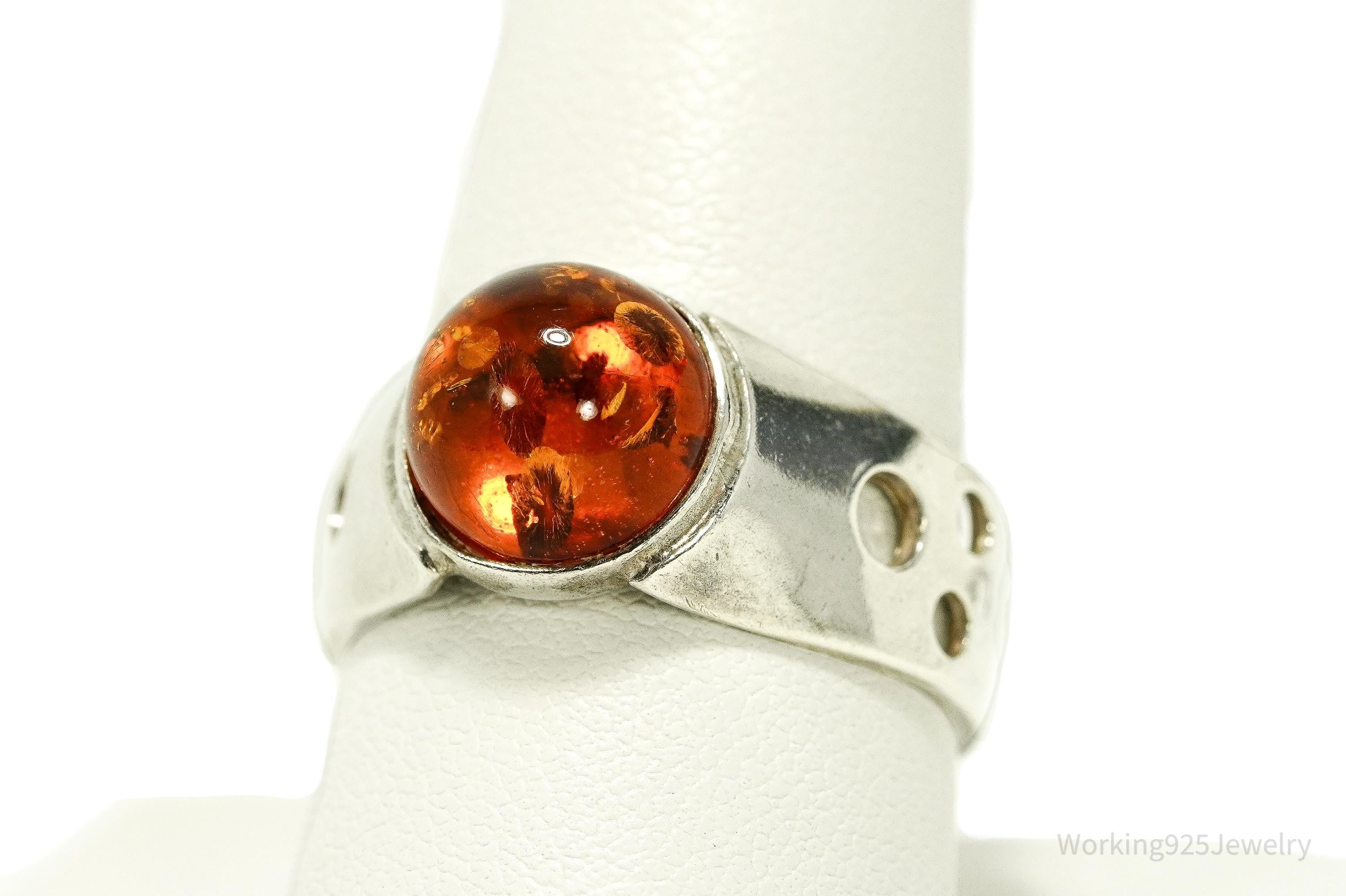 Vintage Amber Modernist Style Sterling Silver Ring - Size 10