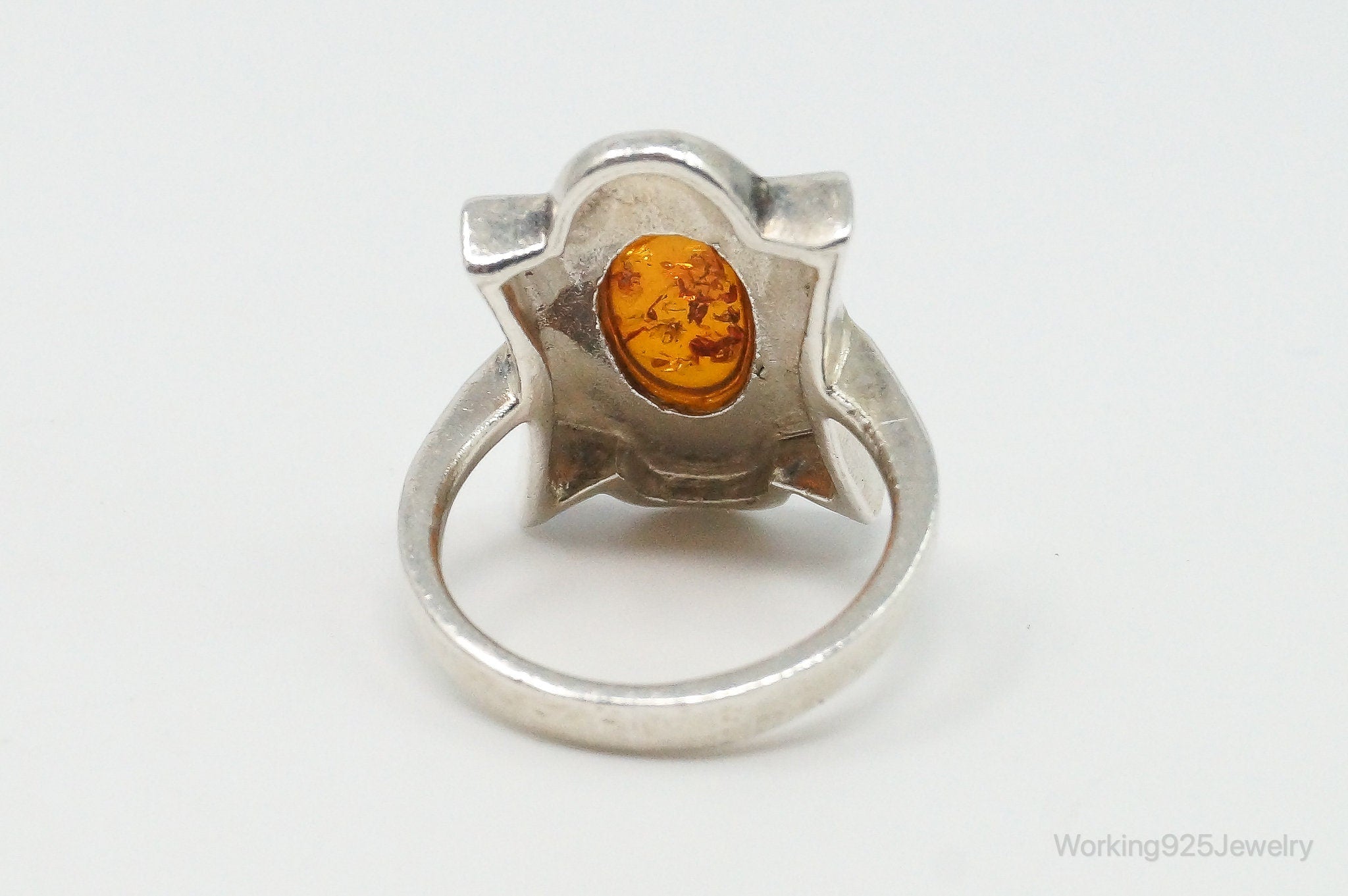 Vintage Large Baltic Amber Sterling Silver Ring - Size 6.75