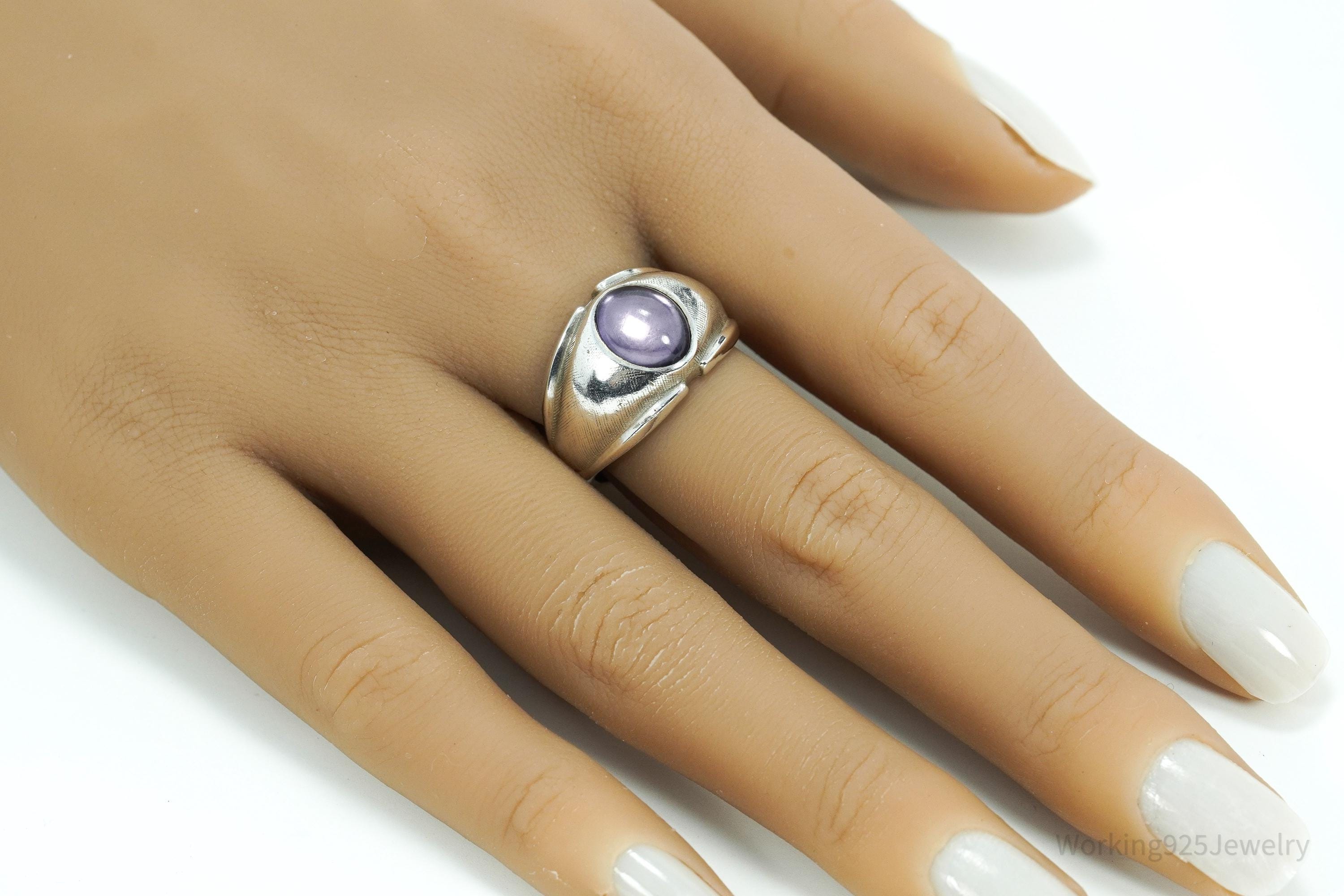 Vintage Vargas Co Amethyst Sterling Silver Cigar Ring - Size 8.75