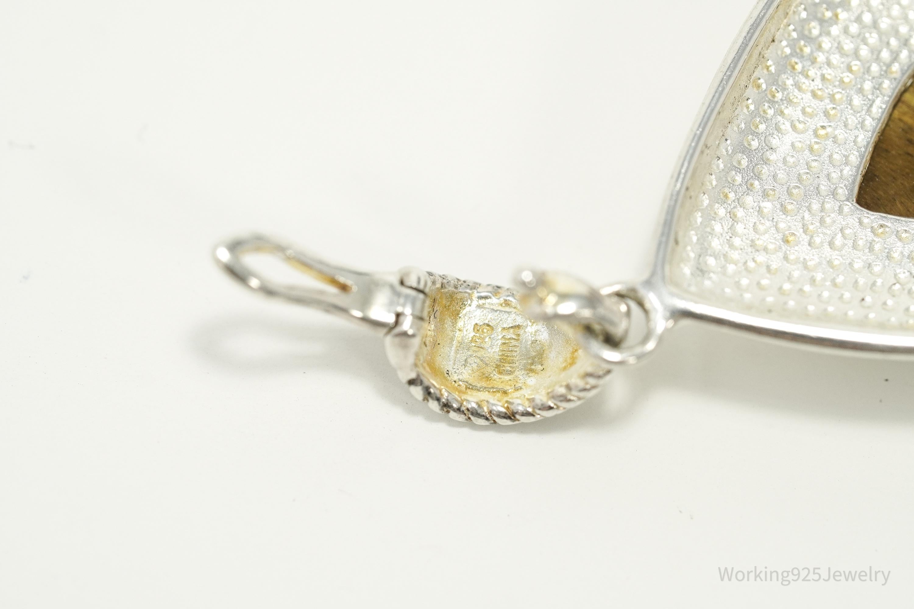 Vintage Large Teardrop Tigers Eye Sterling Silver Necklace Pendant 2"