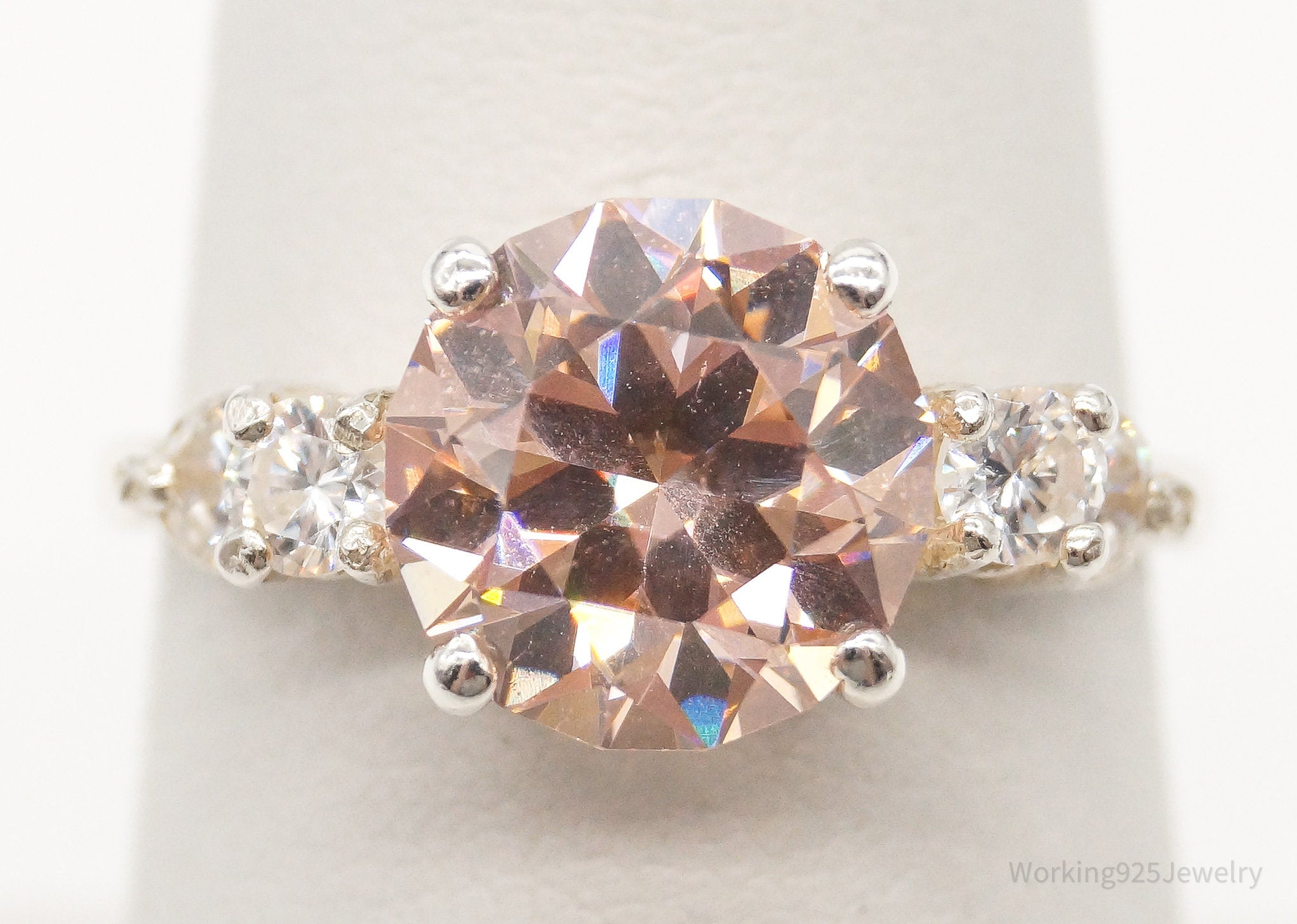 Vintage Peach & White Cubic Zirconia Sterling Silver Ring - Size 7