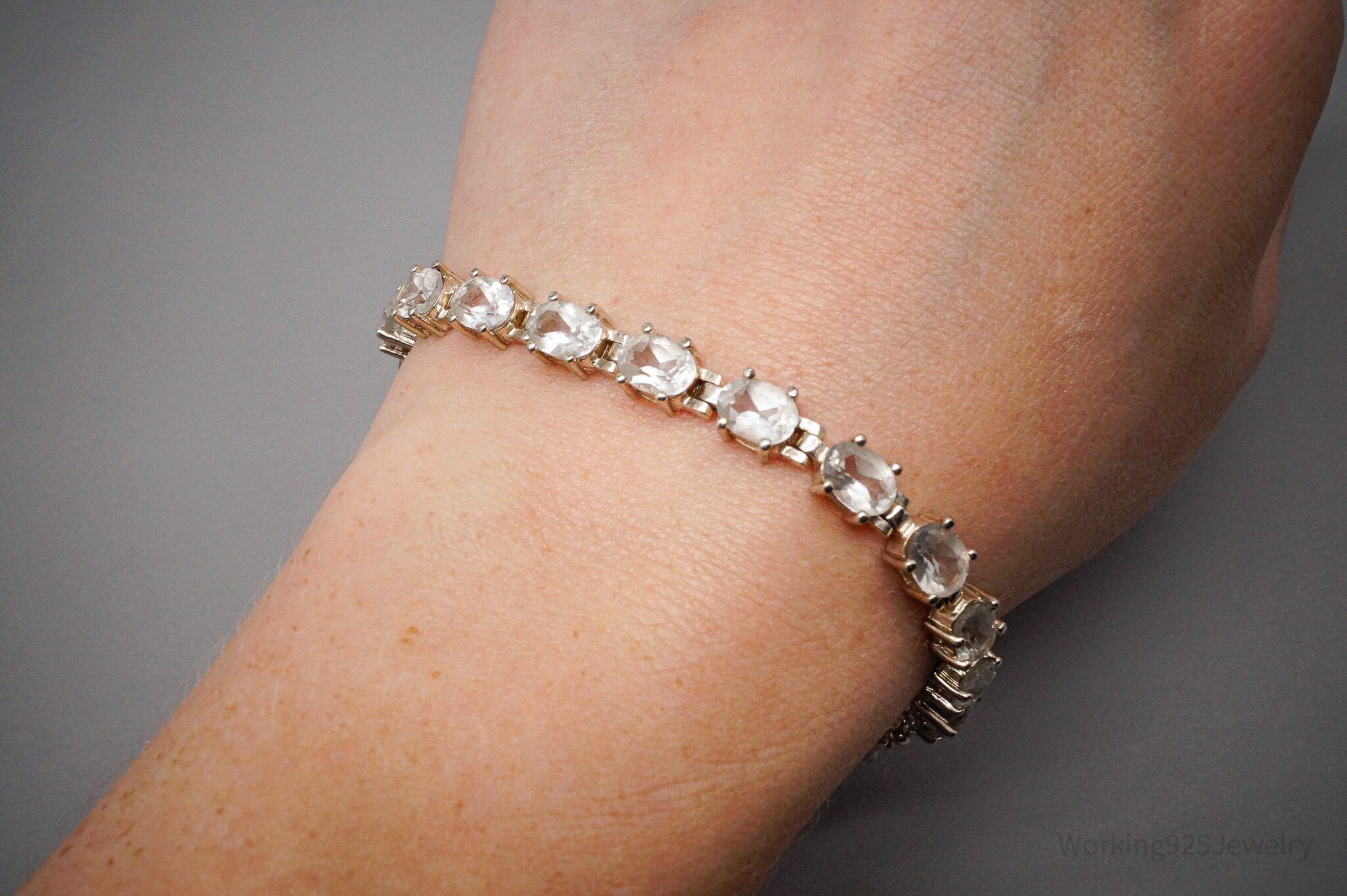 Vintage Large White Topaz Sterling Silver Bracelet - 7 7/8"