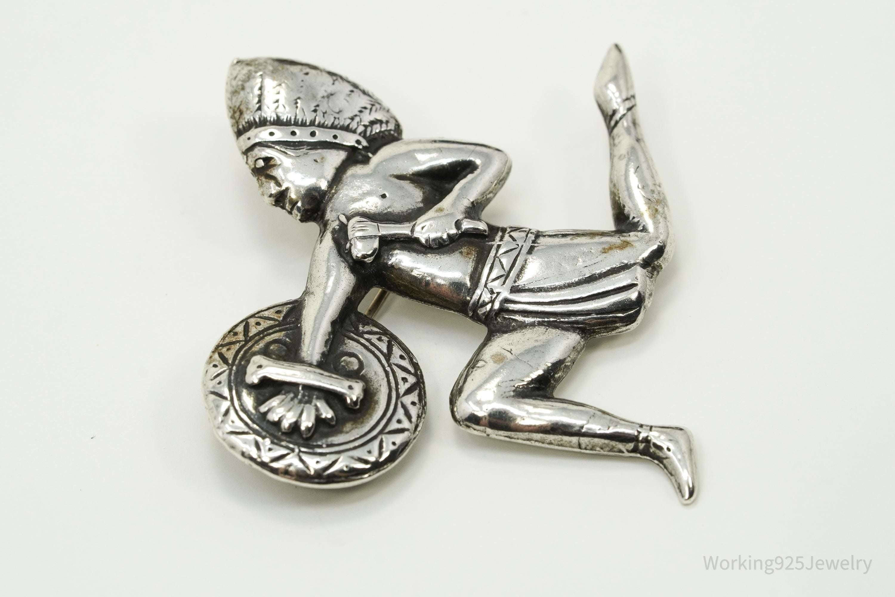 Vintage Native American Warrior Unsigned Silver Brooch Pin