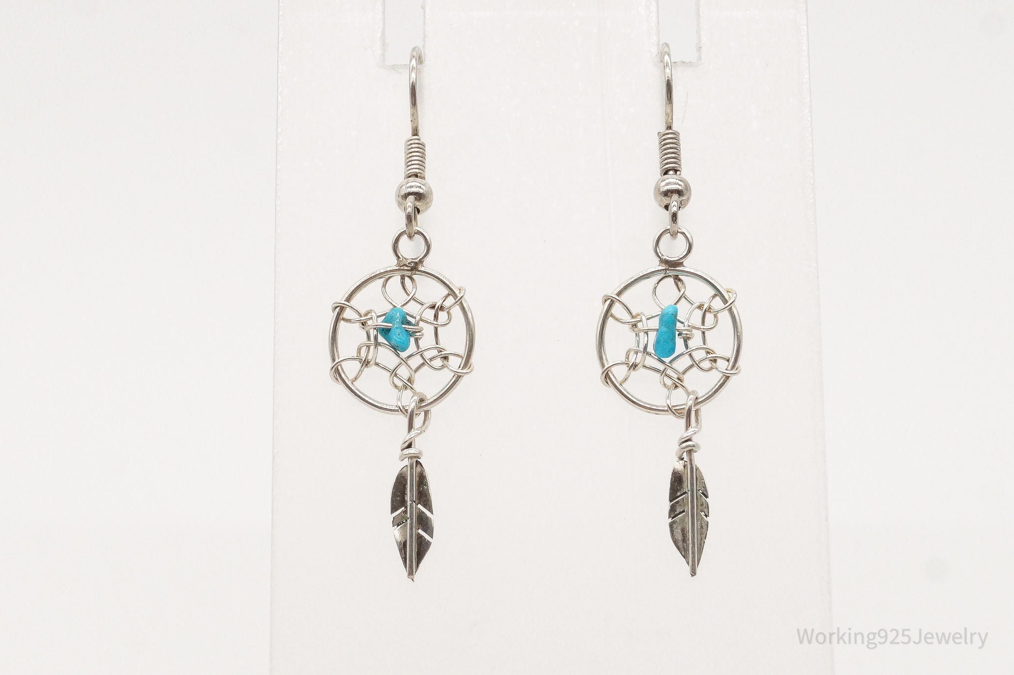 Vintage Native American Turquoise Dream Catcher Silver Earrings