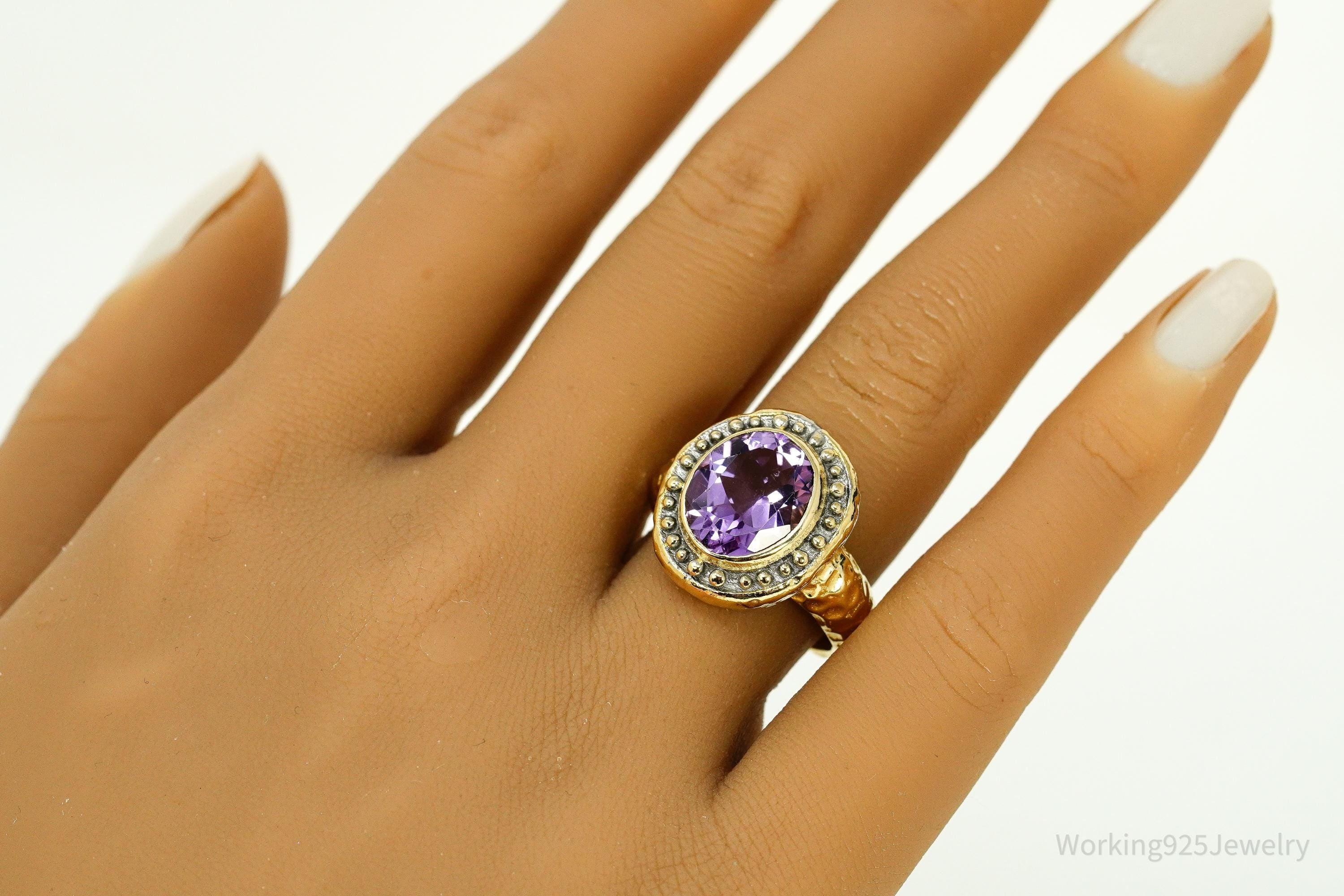 Vintage Italian Designer Amethyst Gold Vermeil Sterling Silver Ring - Size 8