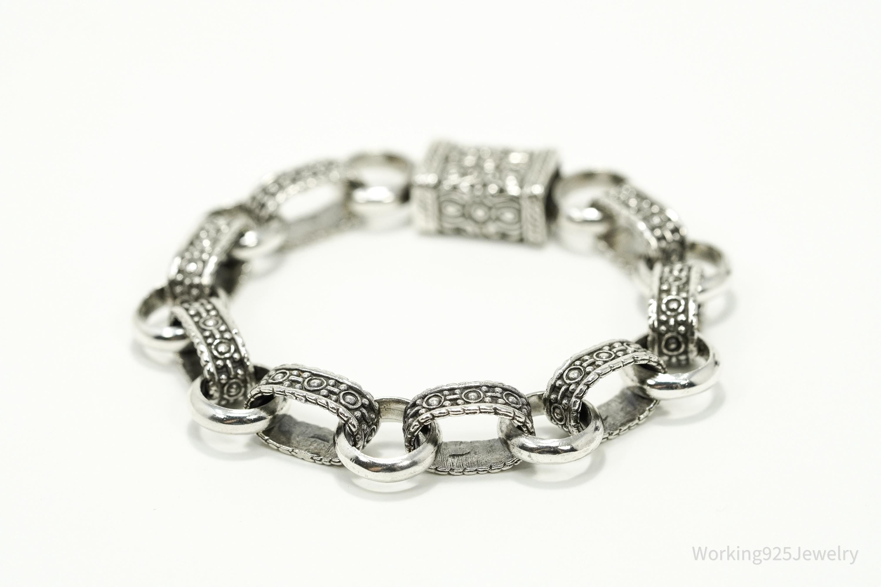 Vintage Ornate Filigree Design Large Link Silver Chain Bracelet 8"