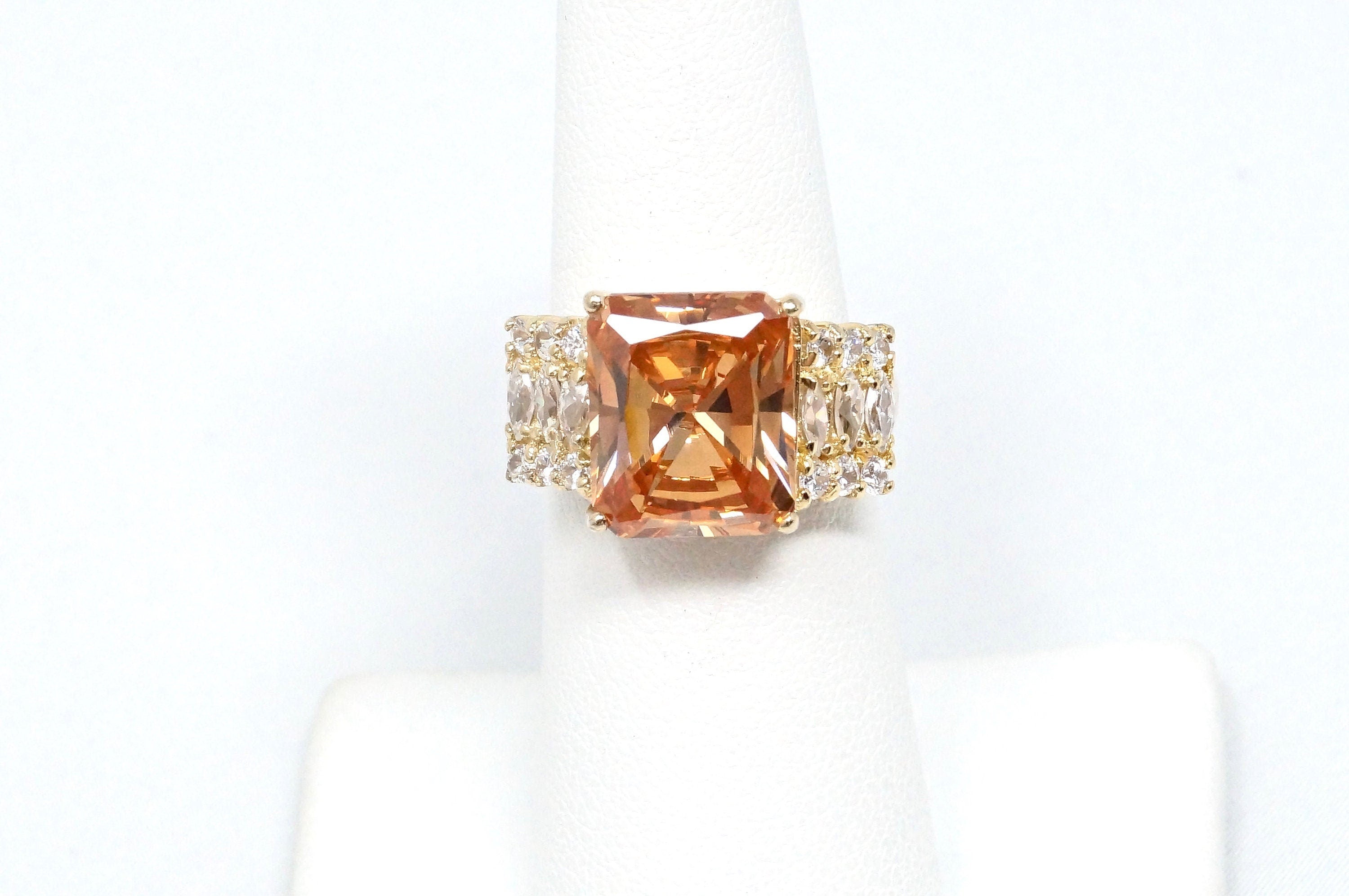 Vintage Art Deco Style Large Citrine Cz Accented Gold Vermeil Sterling Silver Statement Ring - Size 5.75