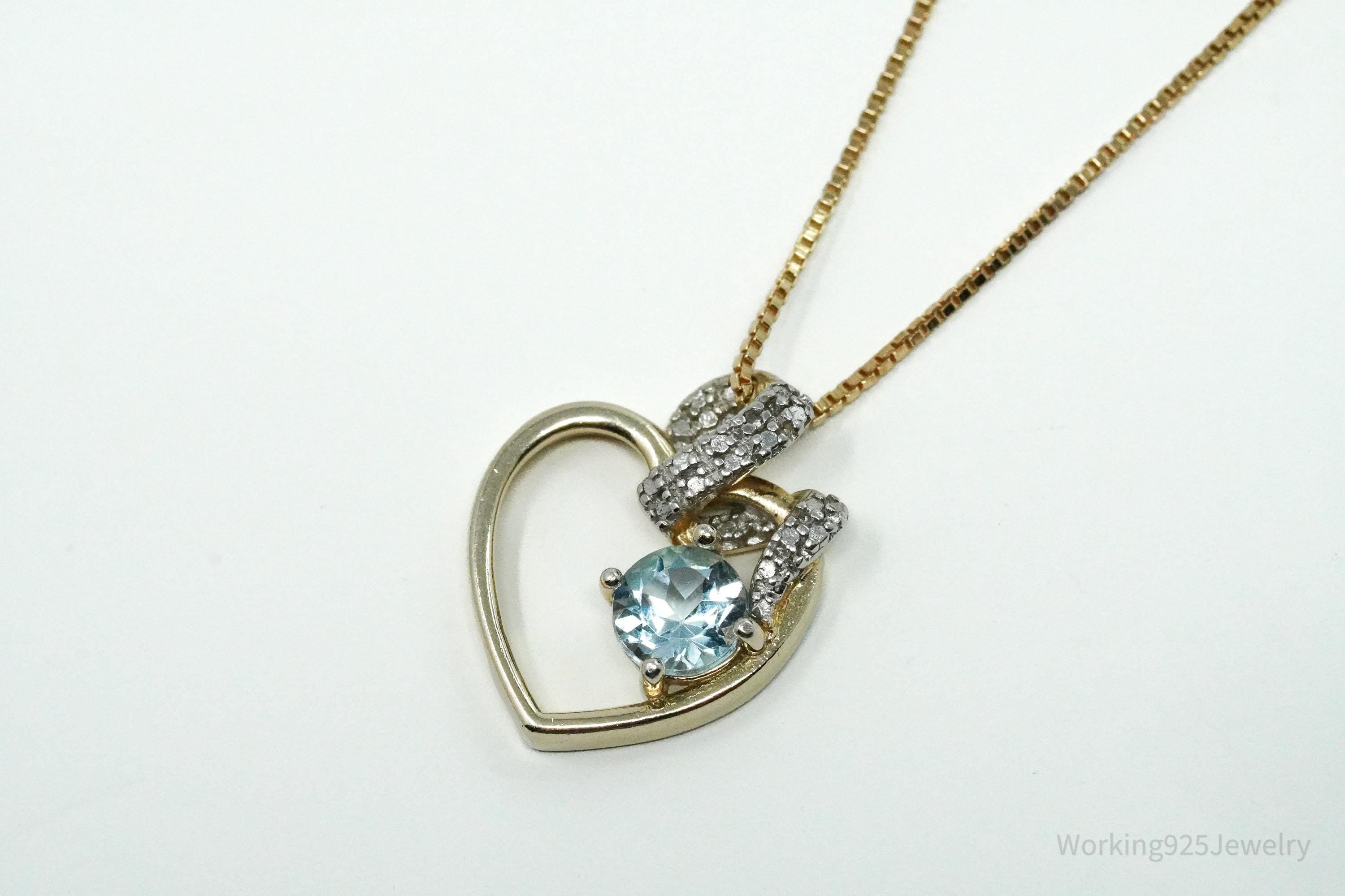 Vintage Ross Simons Blue Topaz & Diamond Gold Over Sterling Silver Necklace 18"