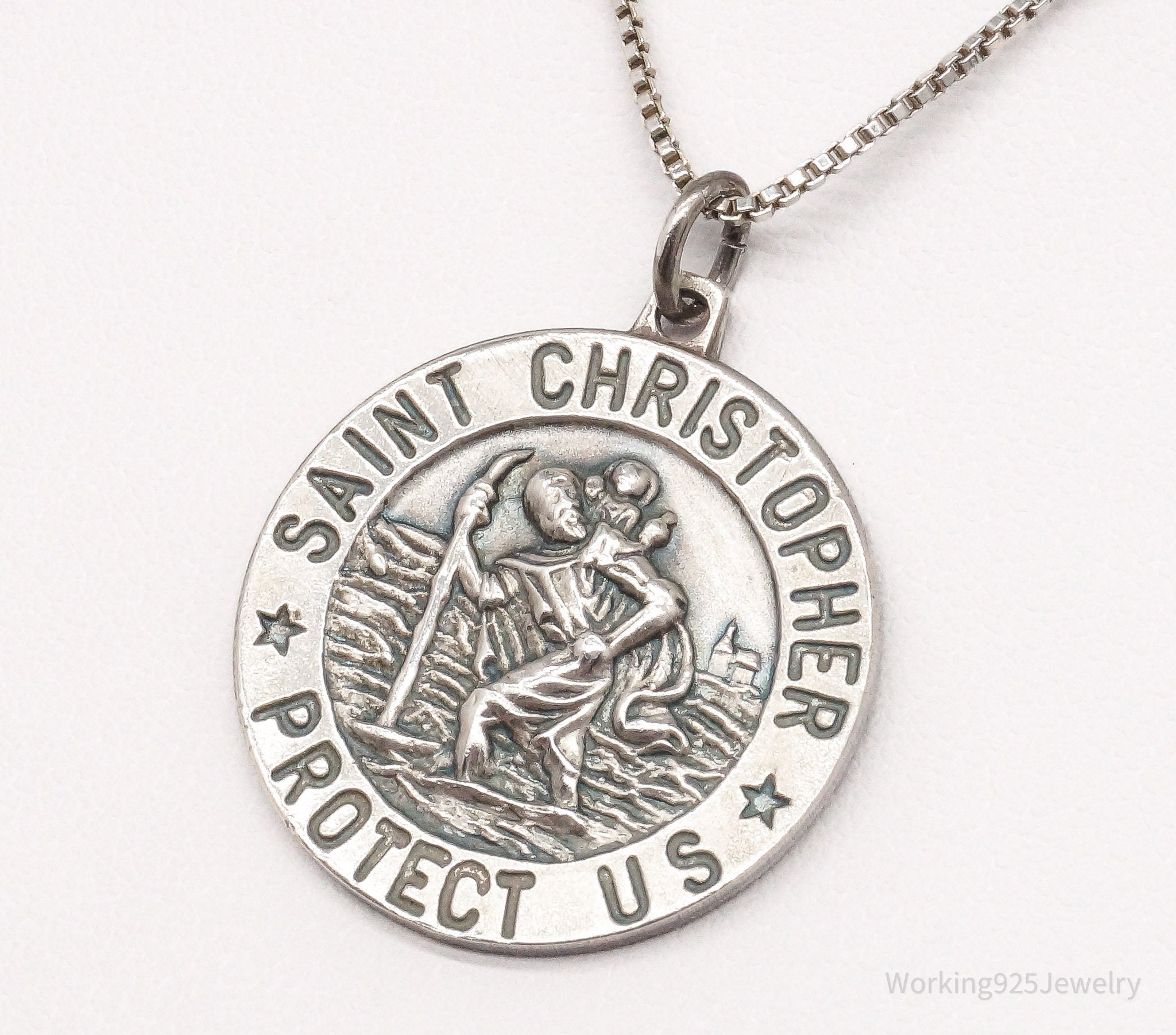 Vintage Large Saint Christopher Protect Us Sterling Silver Necklace 18"