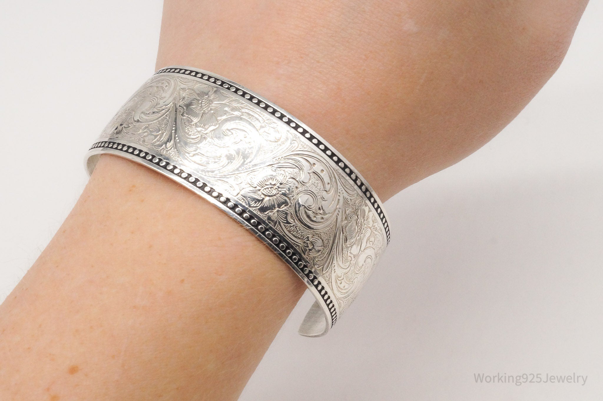 Antique Walter E Hayward Art Nouveau Etched Sterling Silver Cuff Bracelet