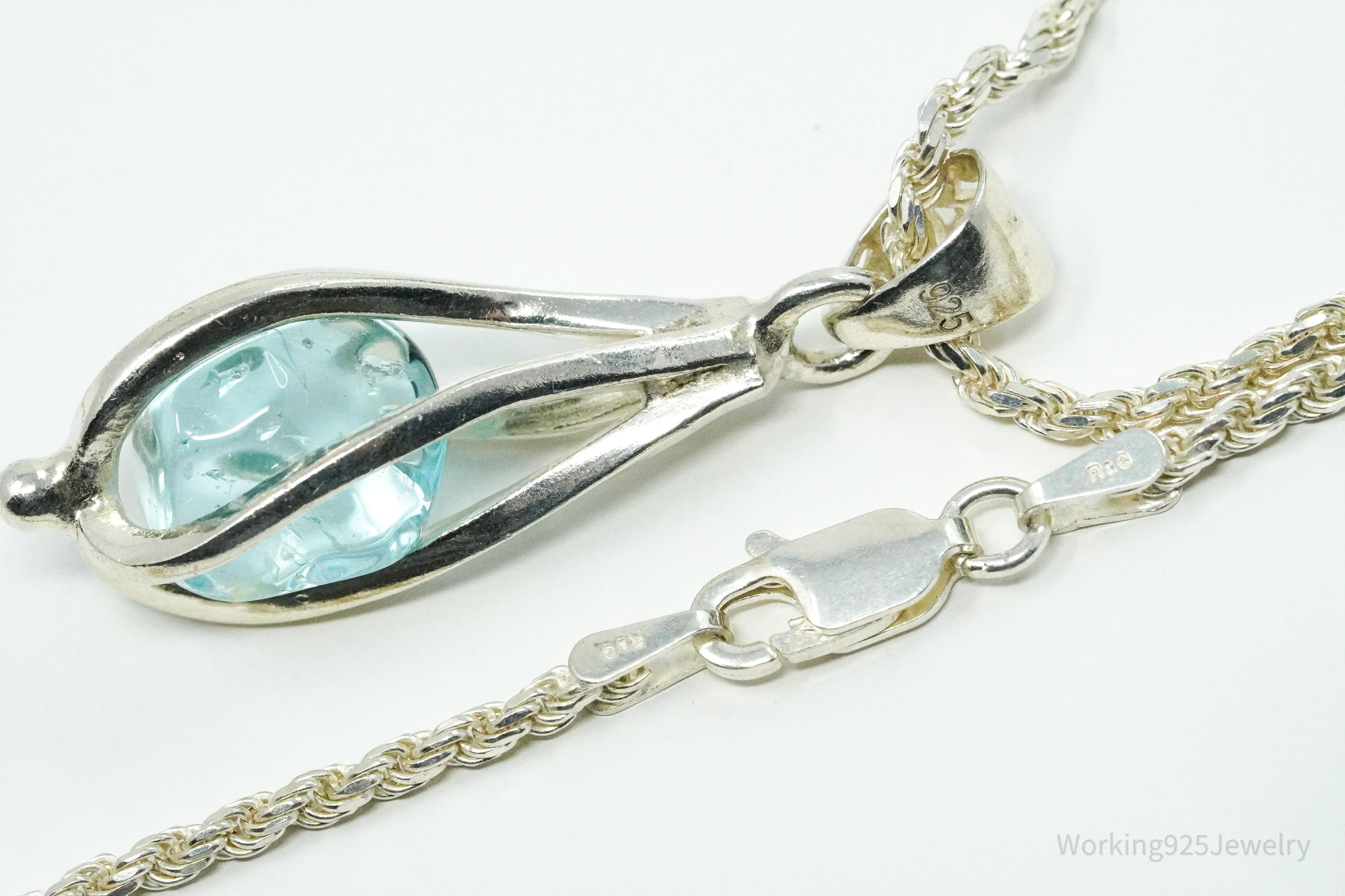 Vintage Caged Blue Stone Sterling Silver Necklace 18"