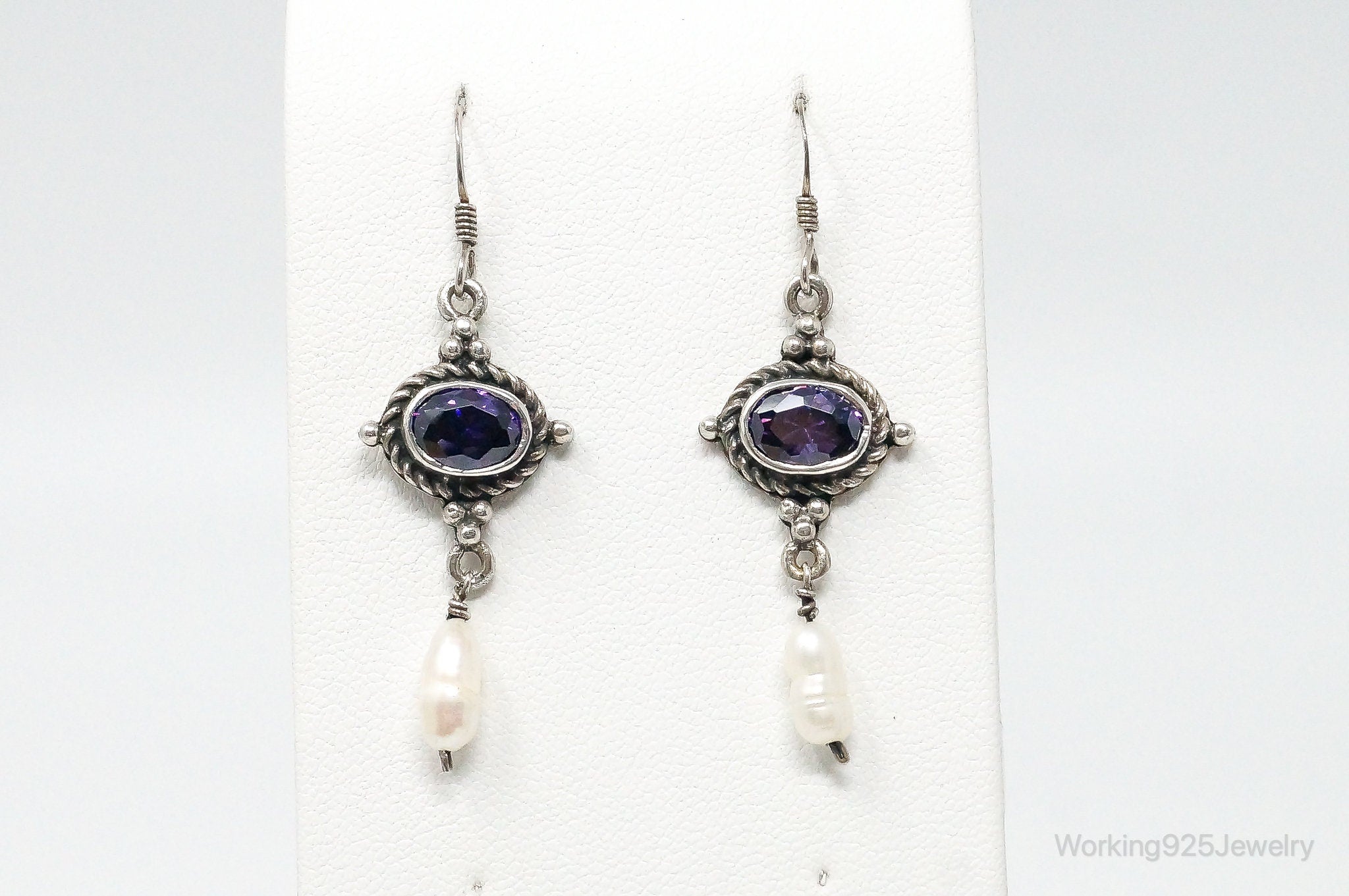 Vintage Pearl Amethyst Dangle Sterling Silver Earrings