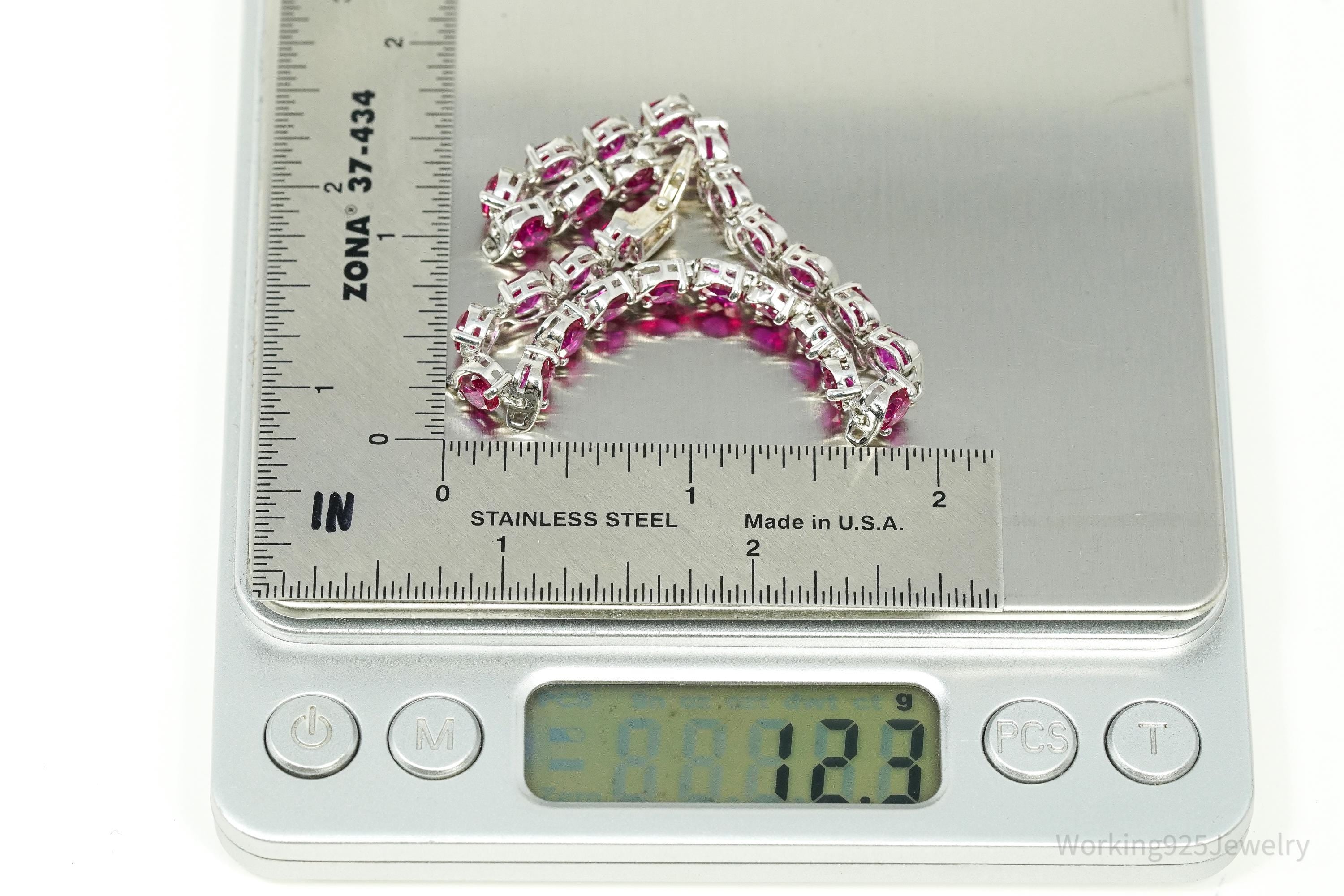 Vintage Lab Treated Ruby Sterling Silver Tennis Bracelet 7 5/8"