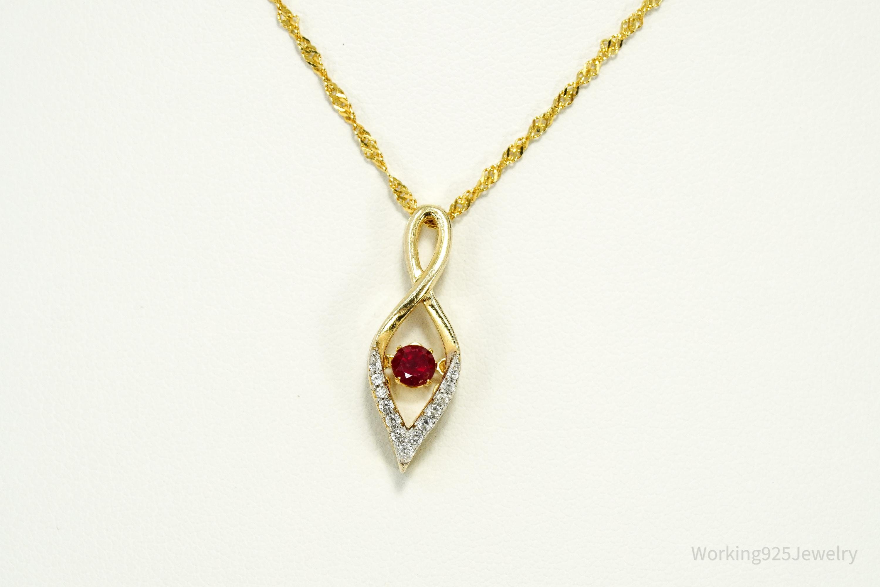 Vintage Ruby & White Sapphire Gold Plated Sterling Silver Necklace 19"