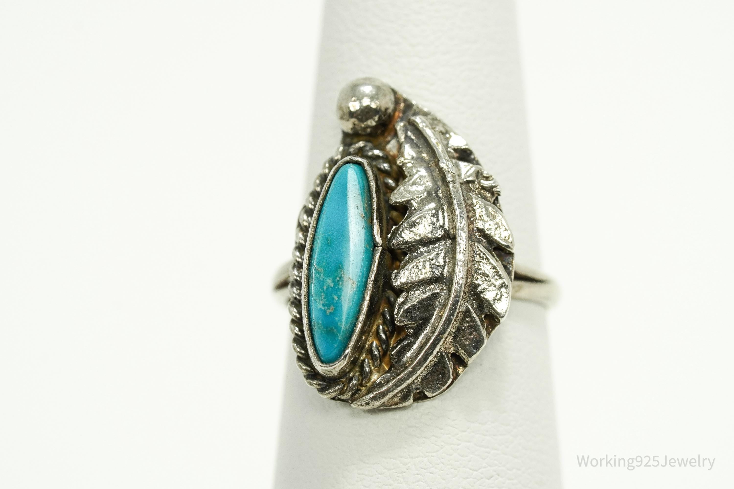 Vintage Native American Turquoise Unsigned Silver Ring - Size 6
