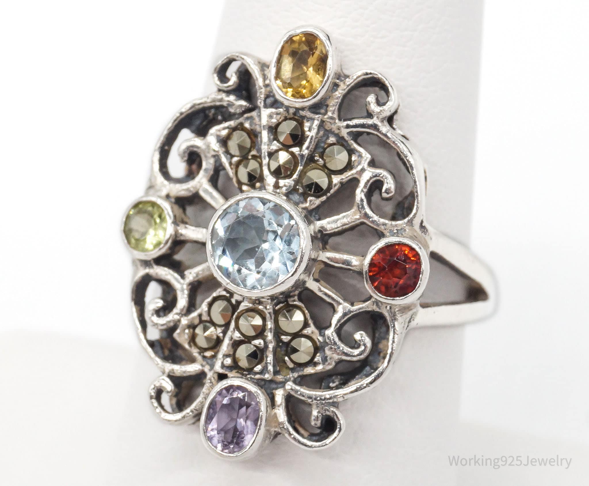 Vintage Multi Gemstone Sterling Silver Ring - Size 8