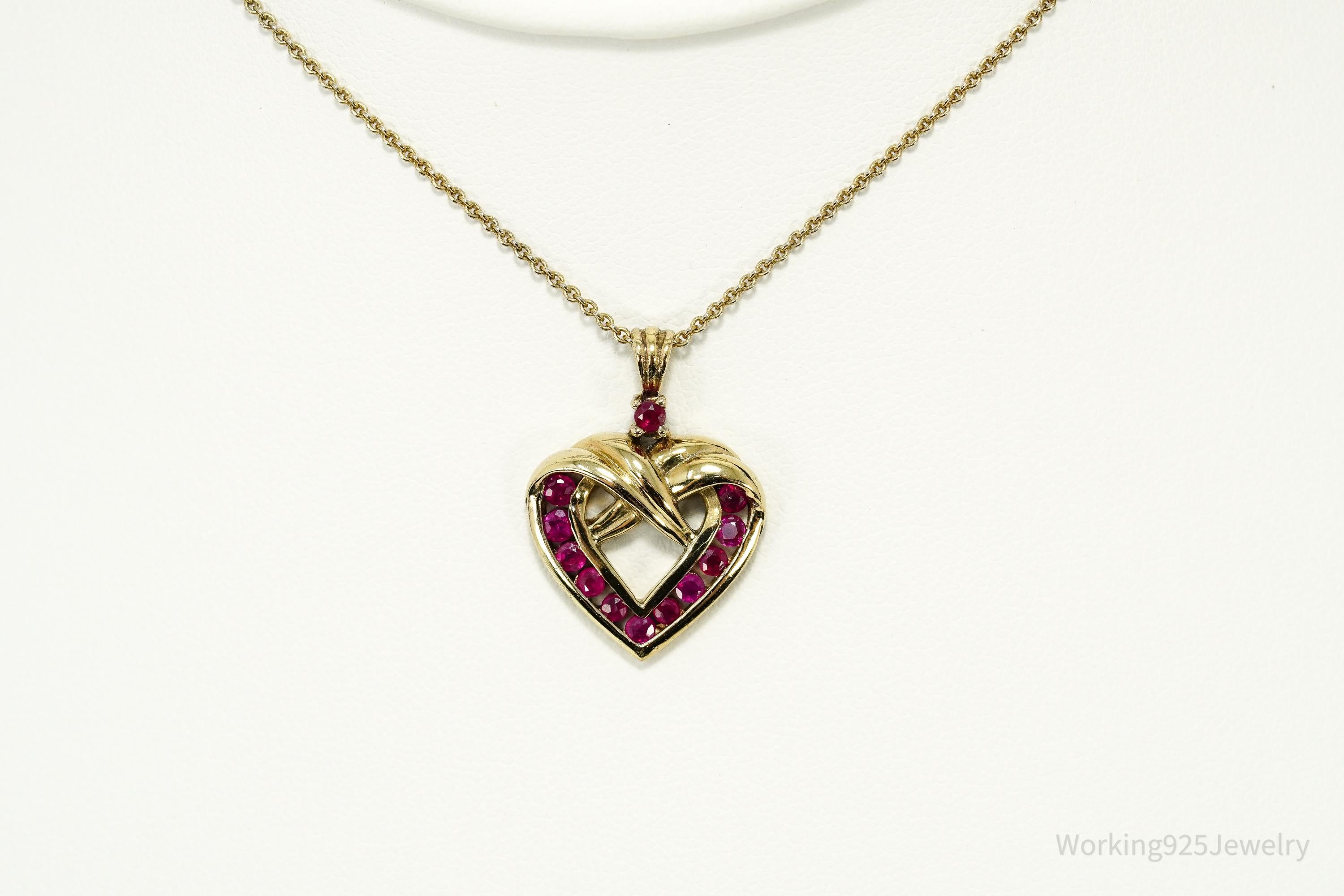 Vintage Ruby Gold Over Sterling Silver Heart Necklace 18"