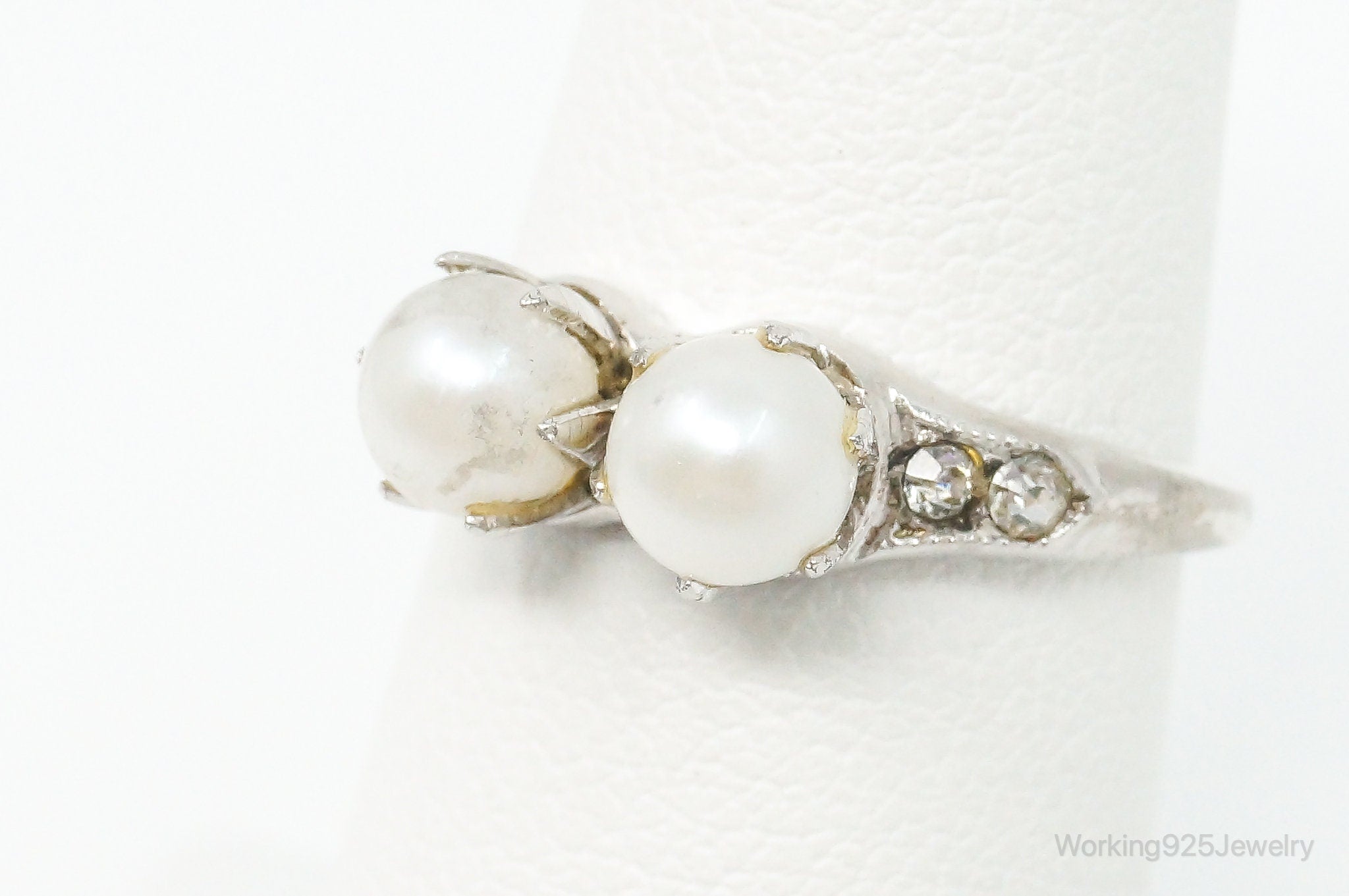 Antique Pearl Rhinestone Sterling Silver Ring - Size 6