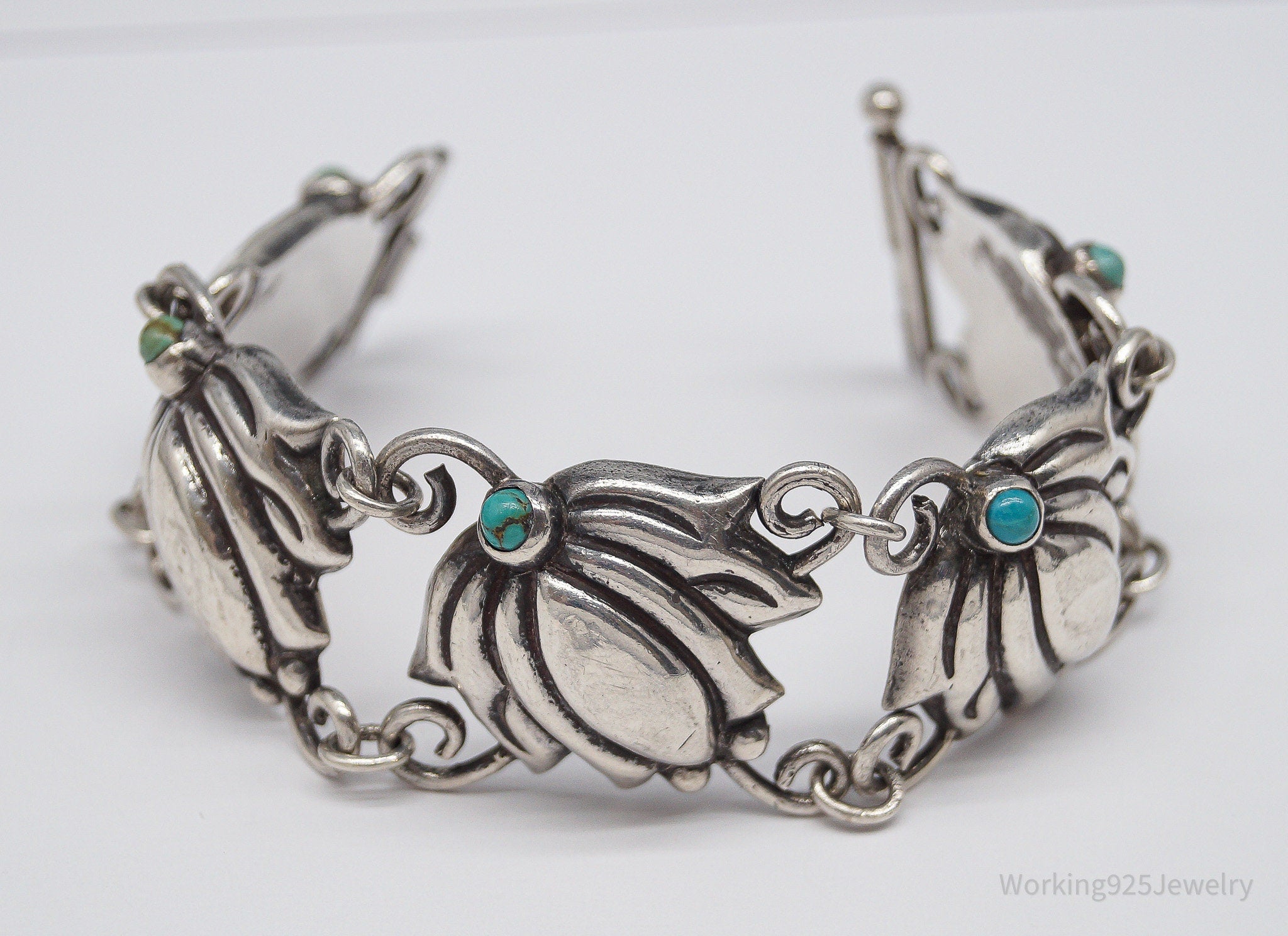Vintage Mexico Blue Turquoise Inlay & Flowers Silver Bracelet - 7.75"